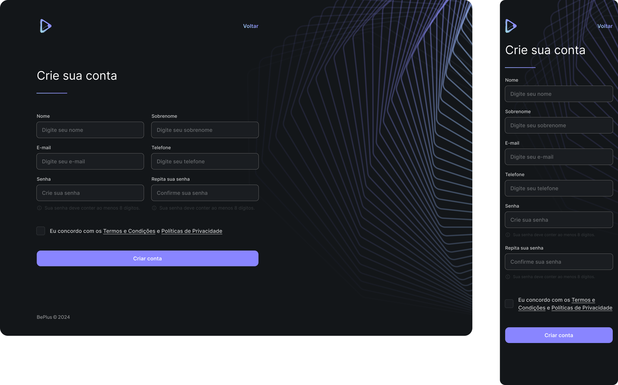 Side-by-side screenshots of a dark themed online account creation form in Portuguese. The left form shows empty input fields for name, surname, email, phone, password, repeat password, a checkbox for terms agreement, and a blue submit button labeled 