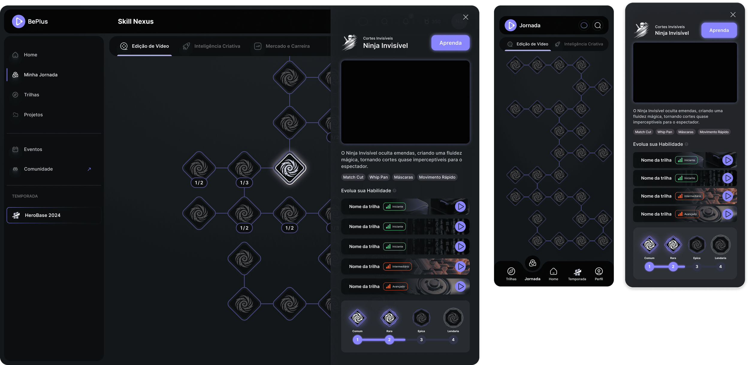 Screenshots of a mobile app interface for a skill tree game, featuring a dark-themed design, with various nodes and progress levels labeled in Portuguese, including terms like 'iniciante,' 'intermediário,' and 'avançado.'