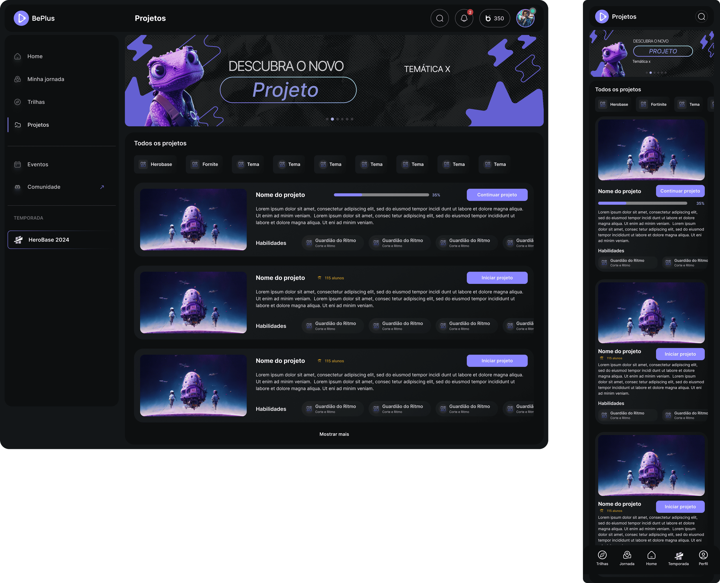 Screenshot of a user interface for a project management app called BePlus. The screen features a dark theme with a header and a sidebar menu. The main content area displays a project with a space-themed image of a spaceship and two astronauts, a prog