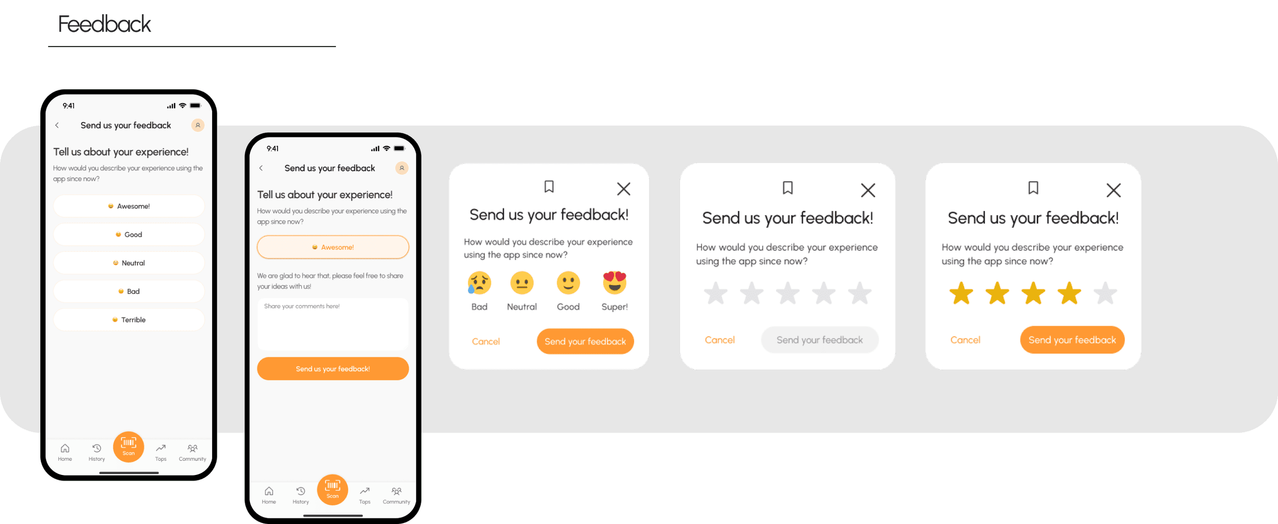 Comparison of five mobile app feedback screens, showing different user feedback options such as emoji ratings, star ratings, checkboxes, and comment fields for app experience comments.