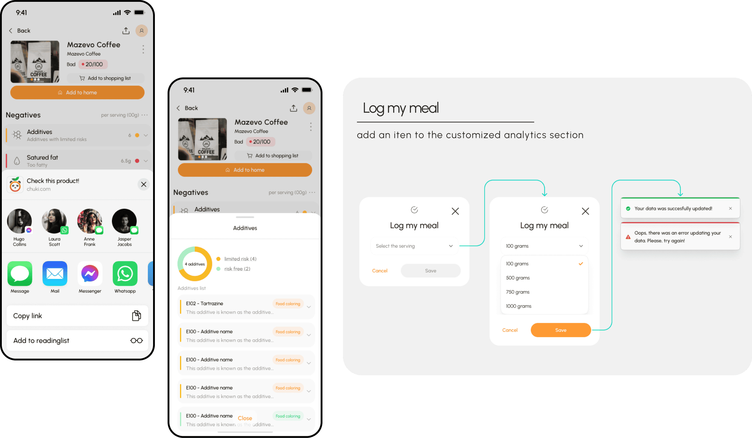 Screenshots of a mobile app interface showing a food product called Mazevo Coffee, a section to log meals, and error messages related to data updating.