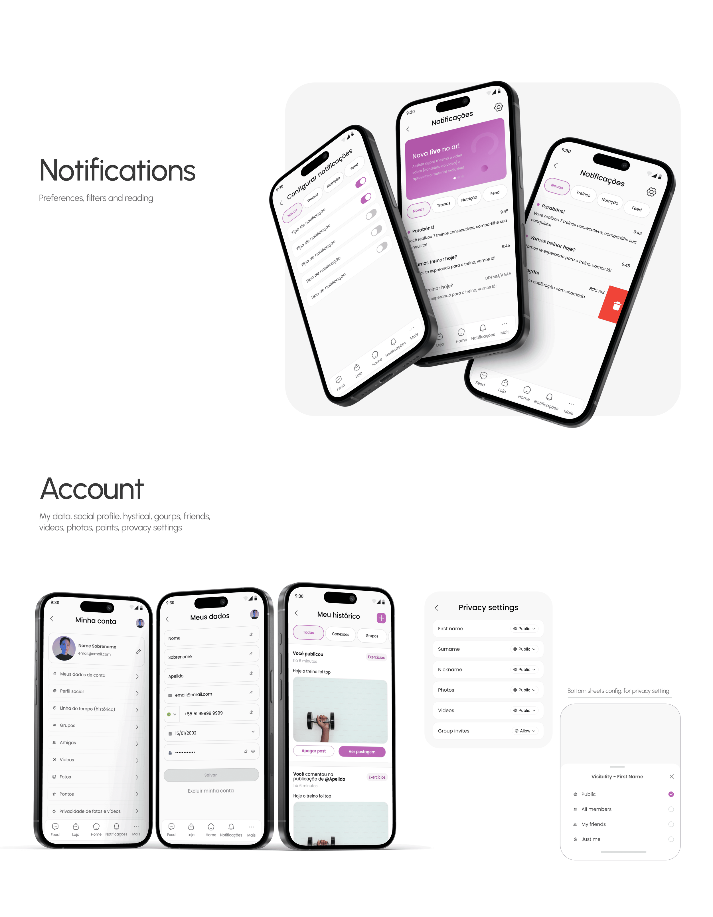 Multiple mobile screens displaying app interface screens related to notifications, account settings, privacy options, and user data management, with a focus on customization and privacy features.