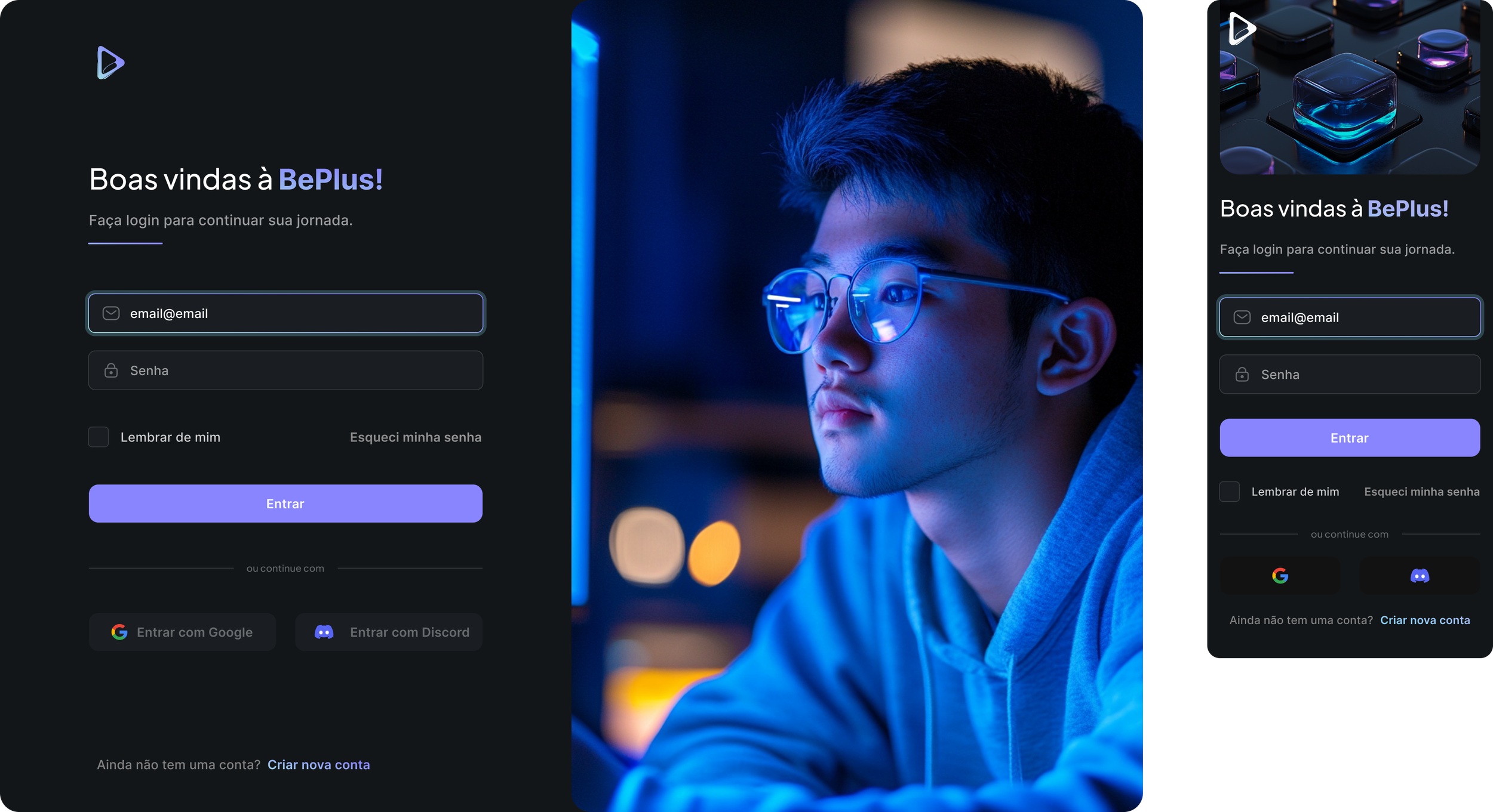 A login page for BePlus overlaid on the right side of a photo of a young man with glasses, working at a computer with blue lighting.