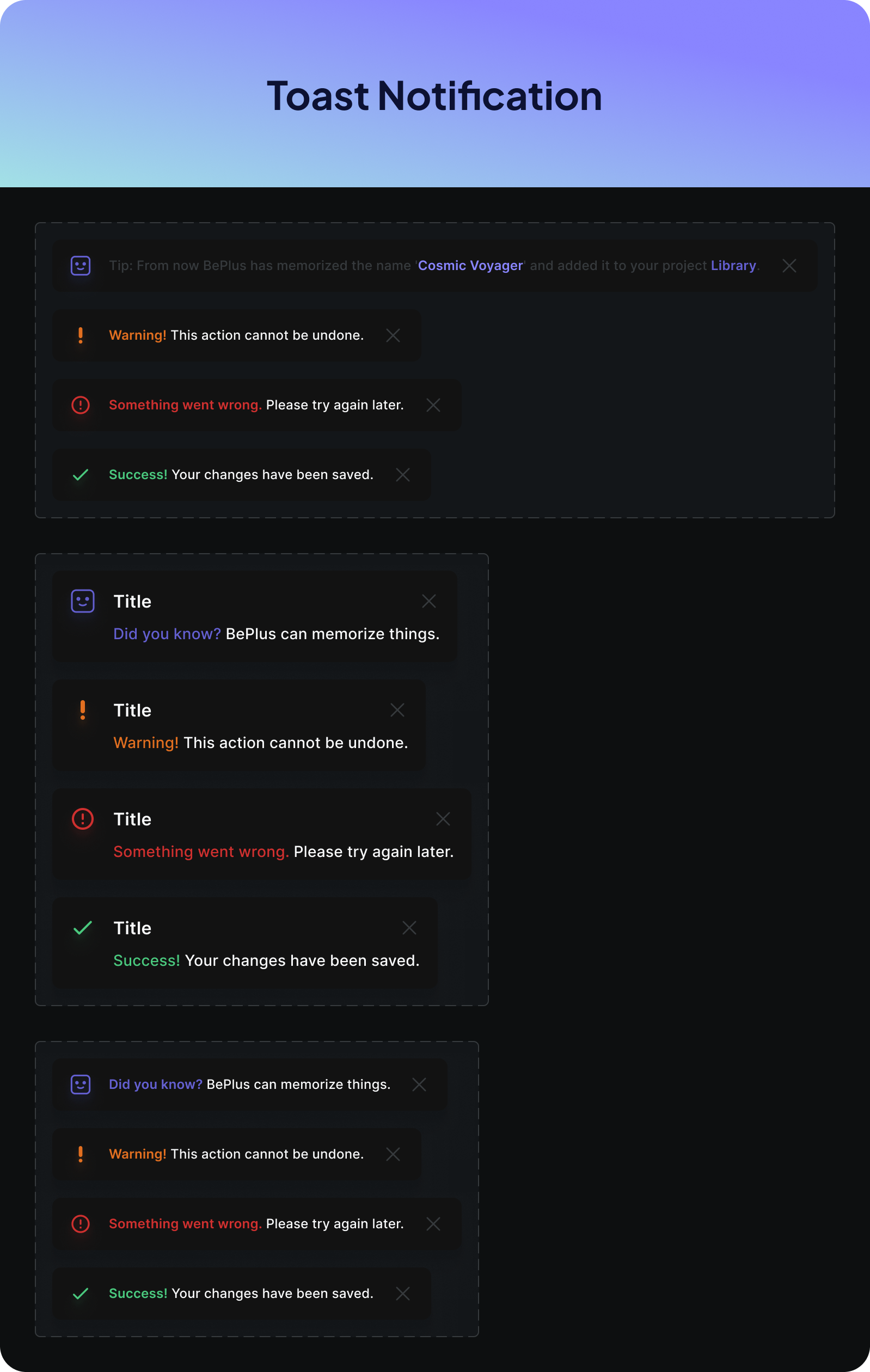 Screenshot of a digital interface titled 'Toast Notification' with multiple notification messages about changes being saved or errors, using color-coded text and icons for status.