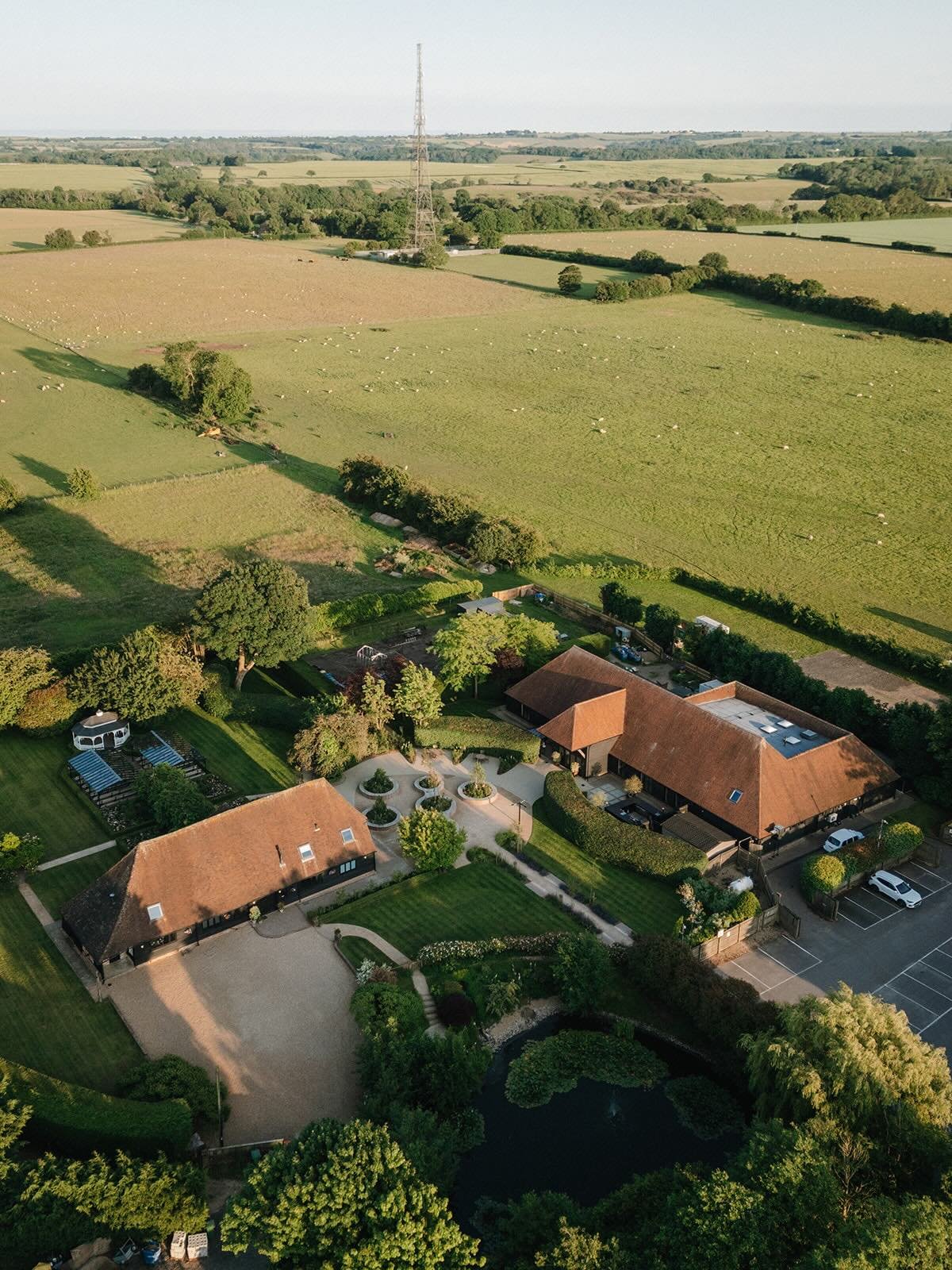 The Old Kent Barn wedding venue aerial of grounds