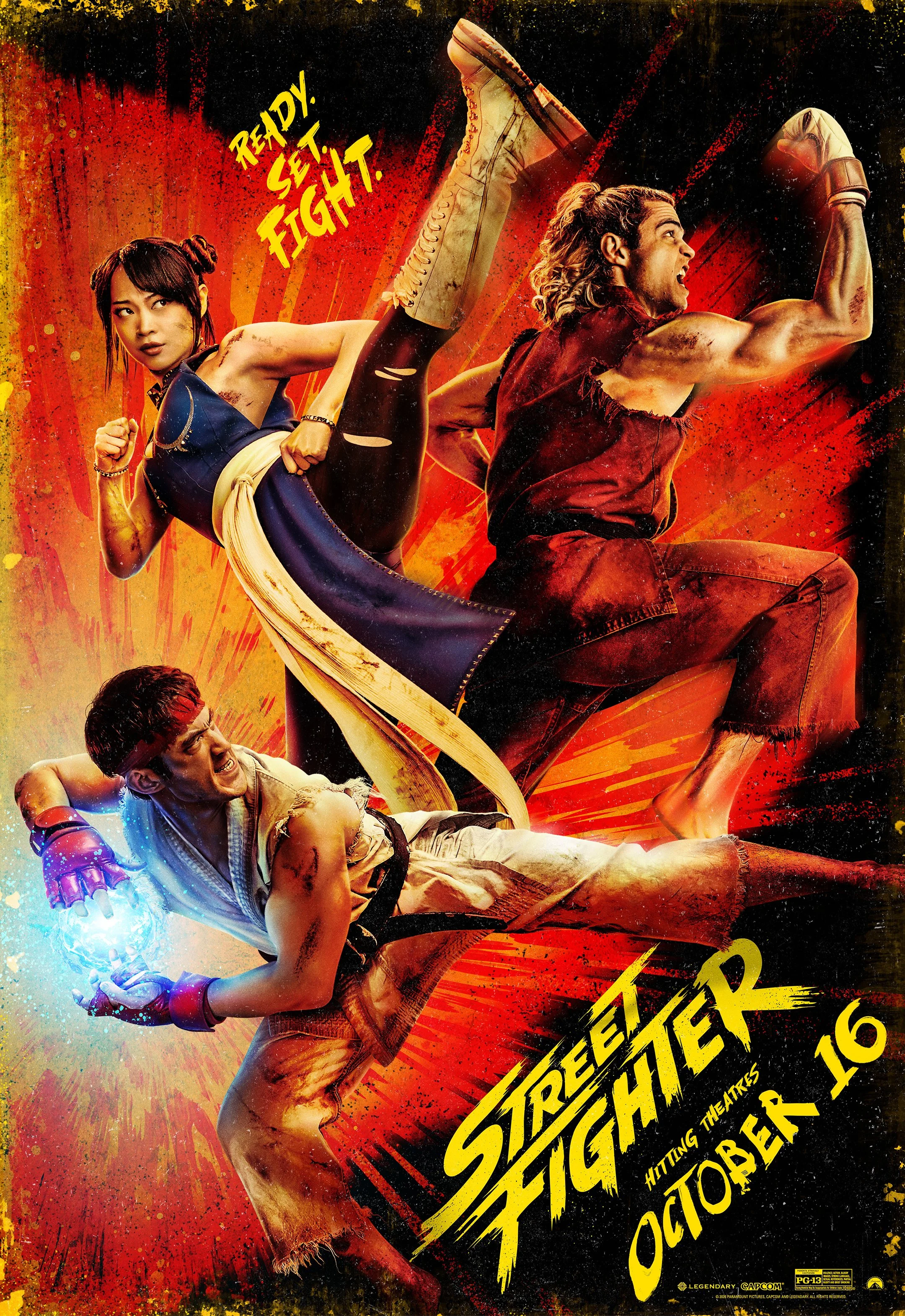 Promotional poster for the movie 'Street Fighter' featuring four characters in fighting poses with a red and black background and yellow text.