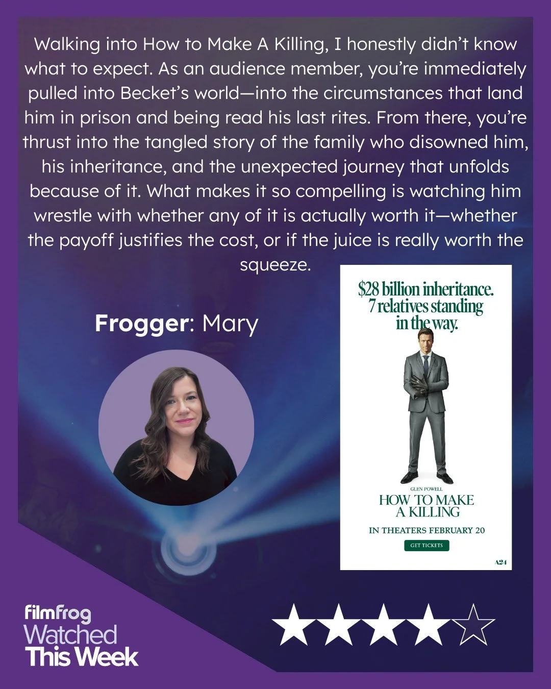 This past week, loyal Frogger Mary checked out the new A24 movie #HowToMakeAKilling, a modern-day reimagining of the classic British dark comedy Kind Hearts and Coronets, and while it's not the best A24 film of the last year, it's still great fun to 