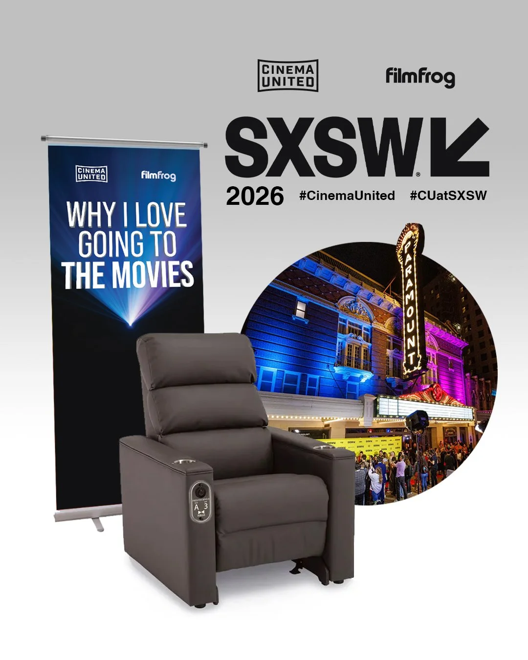 Headed to SXSW this weekend? We want to hear why you think going to the movies is so important! We're partnering with Cinema United to provide you with a chance to sit in a comfortable theater-grade recliner and film a video for your audience of why 
