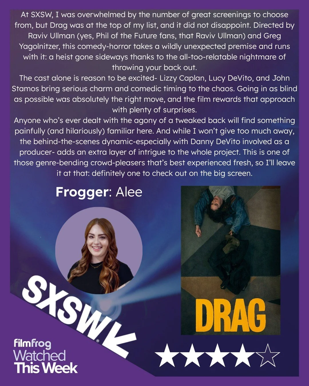 Our team is still buzzing from their SXSW experience last week, so we had to check in with FilmFrog superstar Alee on which film she was most impressed by! She wanted to shout out the wild and twisty new comedy/horror film Drag, directed by @ravivull