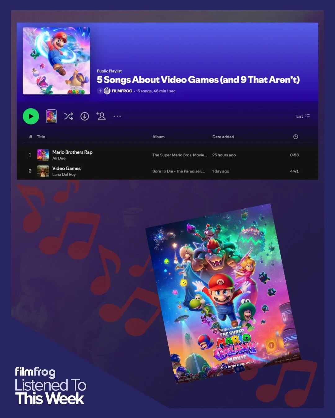 The success of The Super Mario Galaxy Movie this past weekend inspired us to look for various video game-related songs...and then things got a little goofy. Soon we just started gathering songs with some kind of reference to Mario games, and the resu