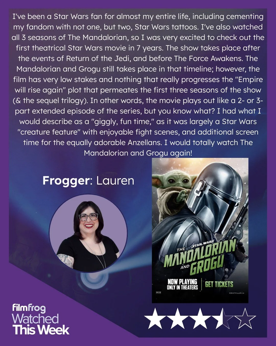 This past week, #StarWars returned to the big screen after a 7-year hiatus, and Frogger Lauren was one of the first in line! She's been a Star Wars fan her whole life and said it was fun to see characters like The Mandalorian and Grogu back on the bi