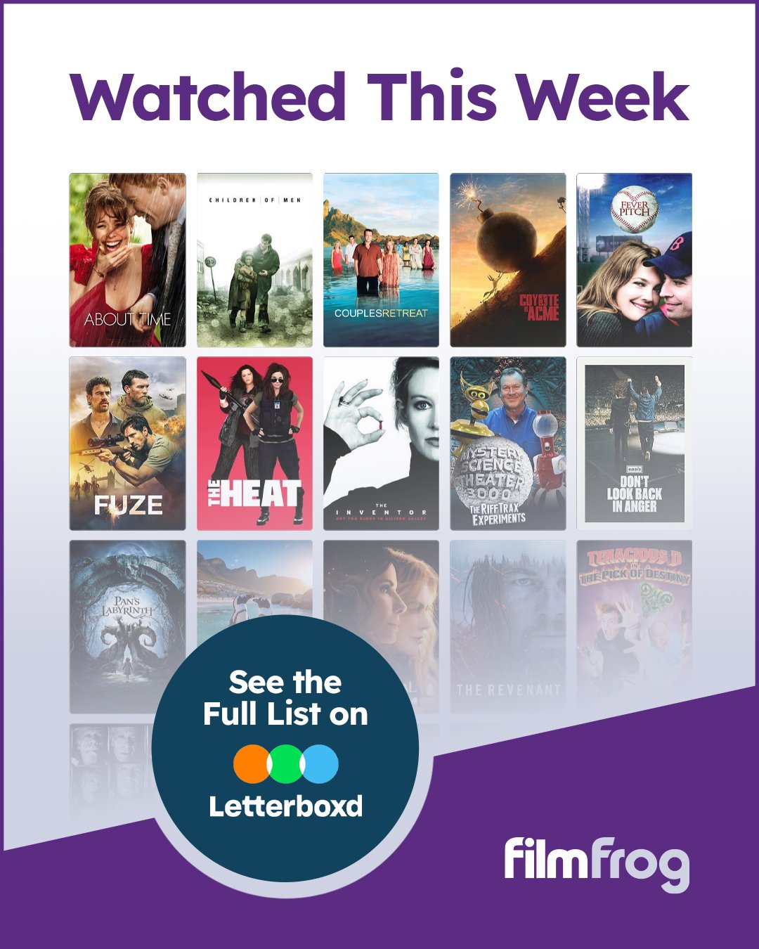 We wrapped up this past week at FilmFrog with a look back at a lot of recent faves, like the romcom #AboutTime, the Guillermo Del Toro acclaimed fantasy film #PansLabyrinth, and the return of two 90s icons: #Oasis and #MysteryScienceTheater3000! Chec