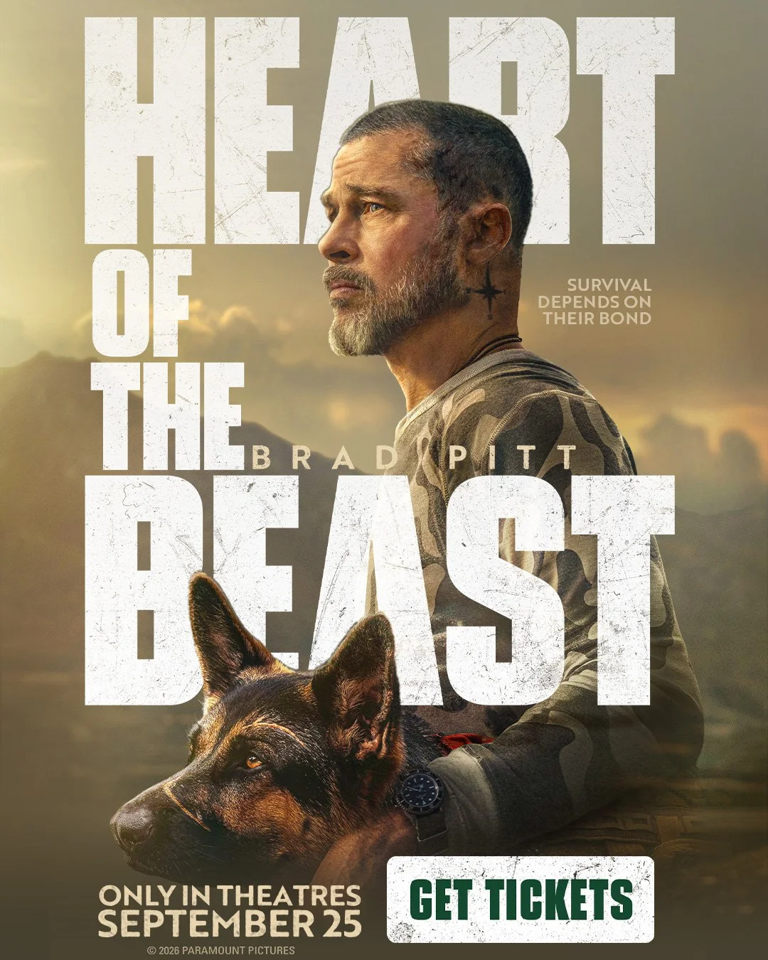 Poster for the movie "Heart of the Beast" showing a man with short hair and a beard in camouflage clothing, holding a German Shepherd dog, with large white distressed text overlay and a mountain landscape in the background.