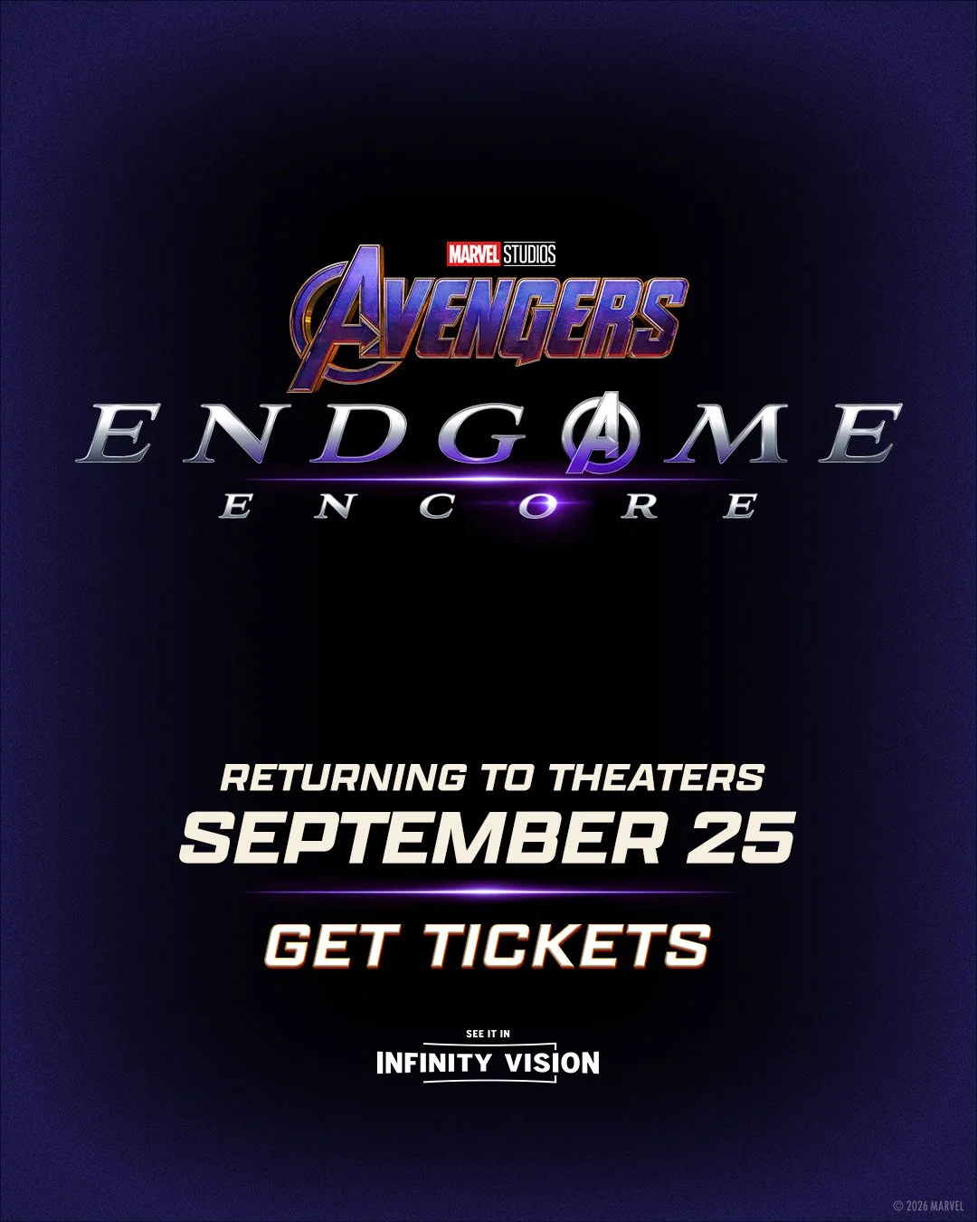 Promotional poster for Marvel's Avengers Endgame revealing release date and ticket information, with the Marvel Studios logo and Infinity Vision branding.