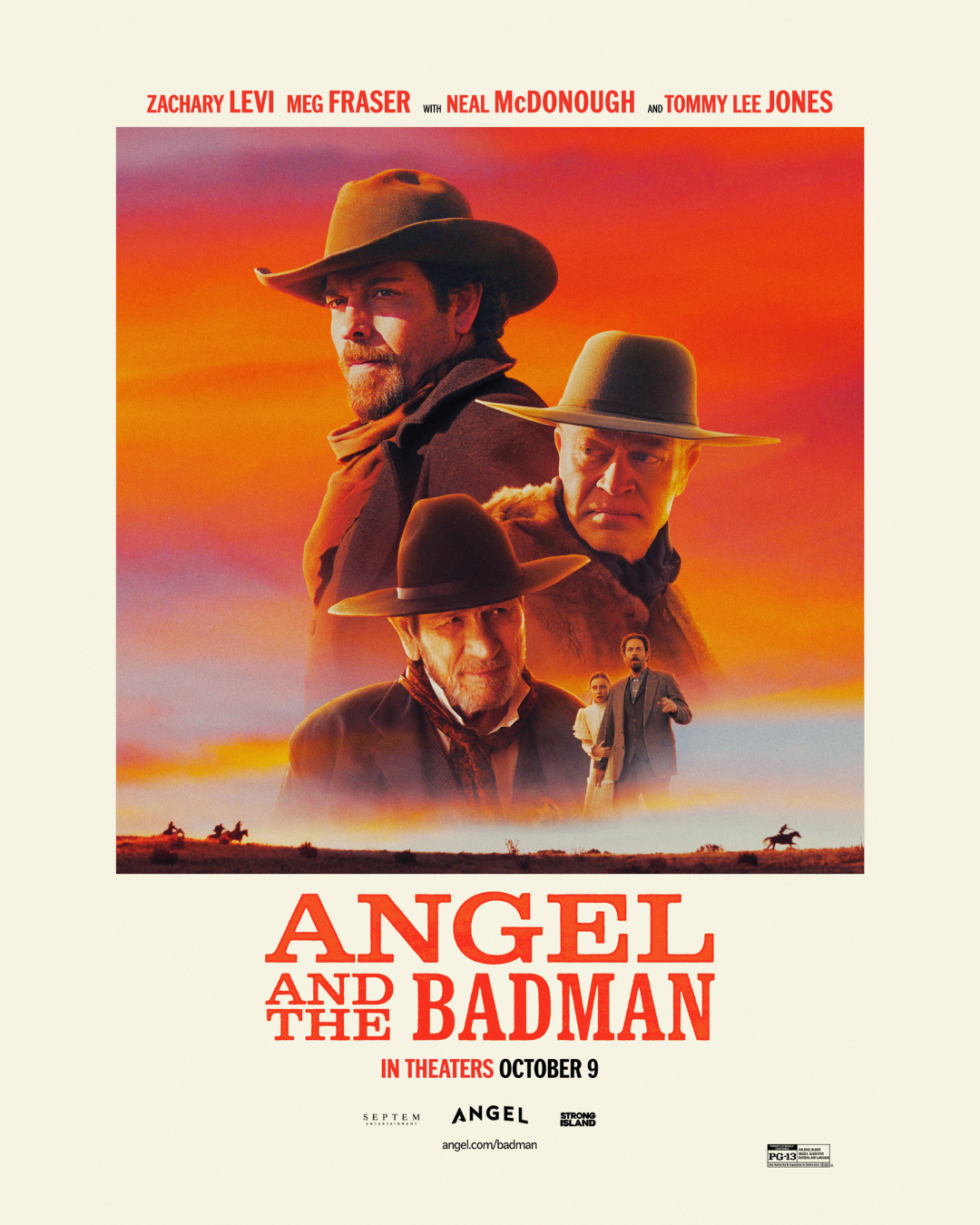 Movie poster for 'Angel and the Badman' featuring three men wearing cowboy hats against a sunset background, with a smaller scene of two people walking and horses in a desert landscape.