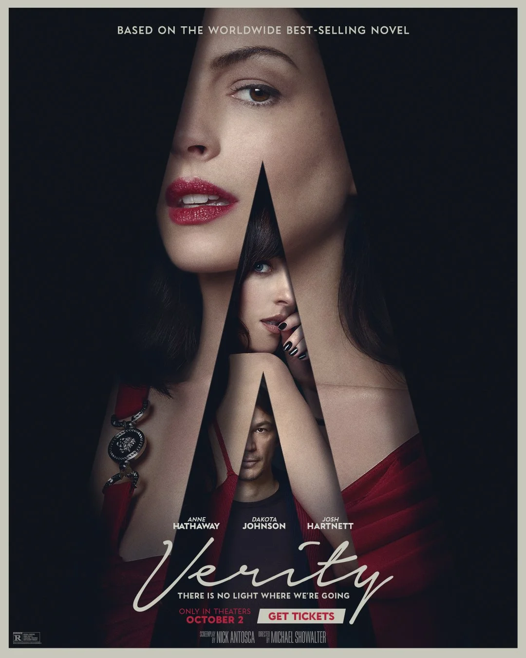 A promotional poster for the movie 'Verity' featuring a woman's face with a reflected smaller face in a triangular shape. The poster includes the names Anne Hathaway, Dakota Johnson, and Josh Hartnett, with the tagline 'There is no light where we're going,' and information about release date and tickets.