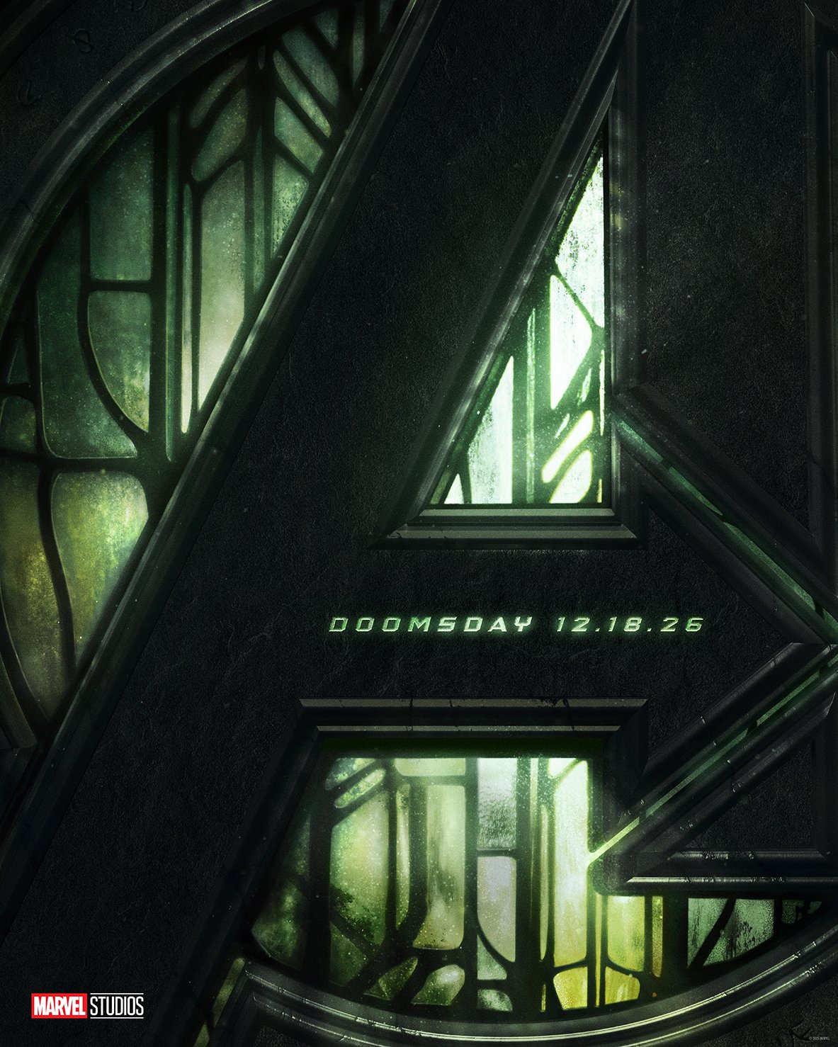 Close-up of a metallic, futuristic structure with green glowing lights, featuring the text 'Doomsday 12.18.26' and the Marvel Studios logo in the bottom left corner.