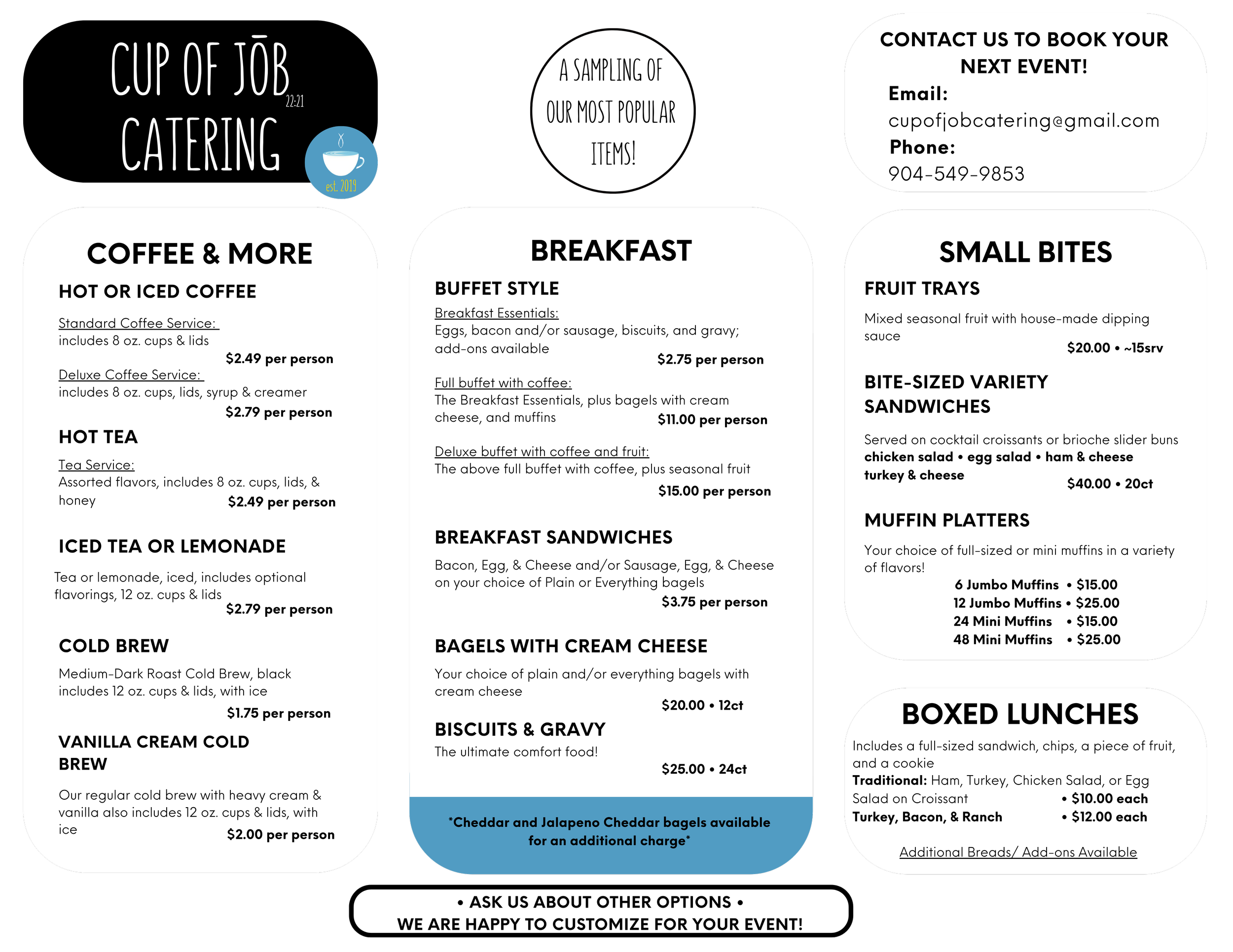 A catering menu with various food and drink options, contact information, and event details on a black background with white text and blue accents.