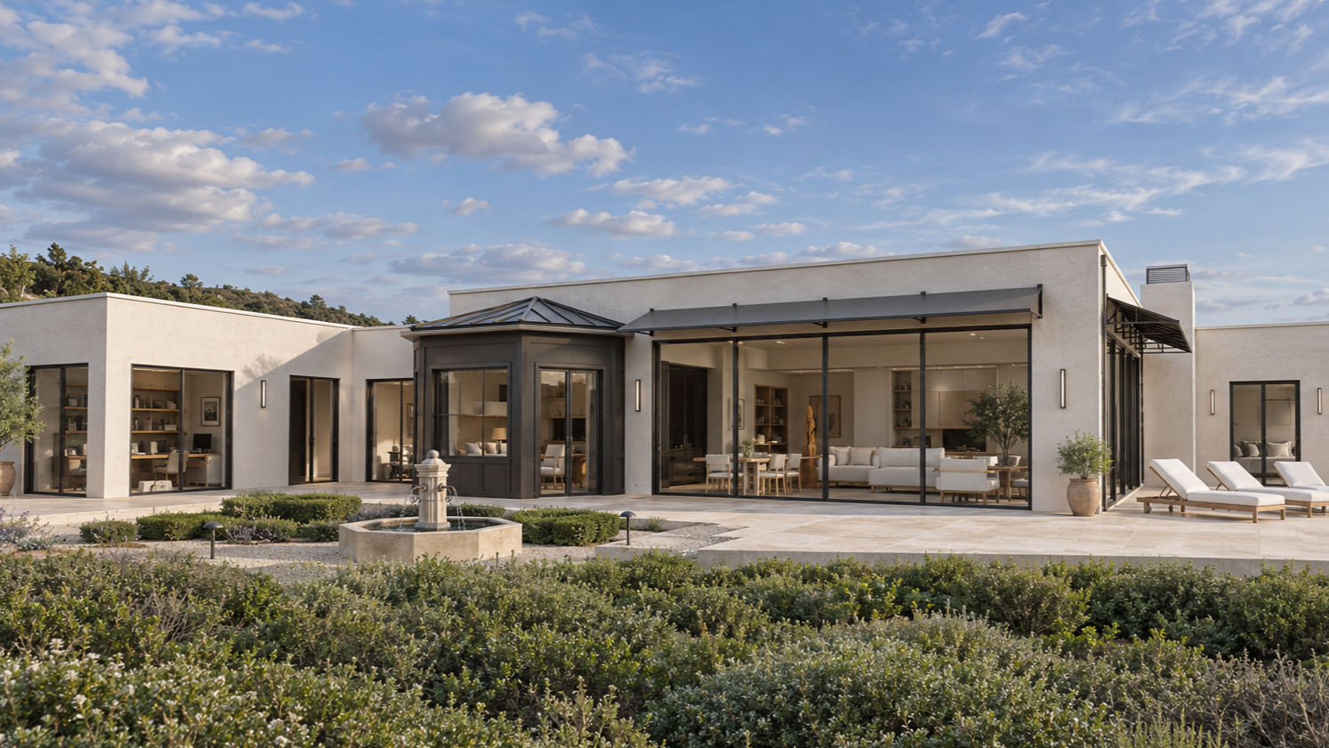 Rear terrace of Lachman Lane Residence featuring a landscaped courtyard, traditional stone fountain, dark metal-framed bay window, and expansive glass doors opening onto the outdoor living areas.