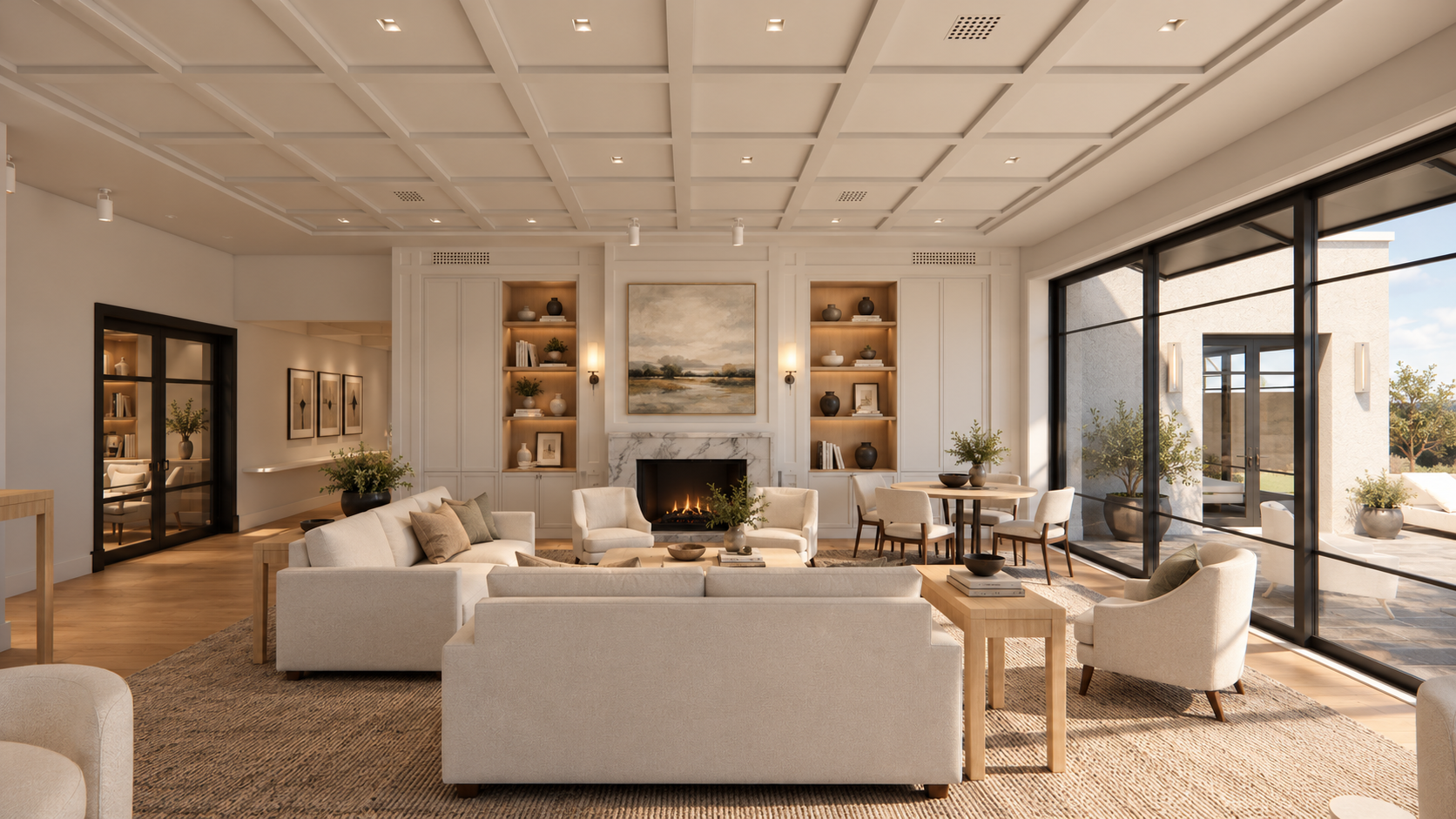 French transitional living room featuring a coffered ceiling, custom millwork, marble fireplace, and floor-to-ceiling steel-framed glass doors.