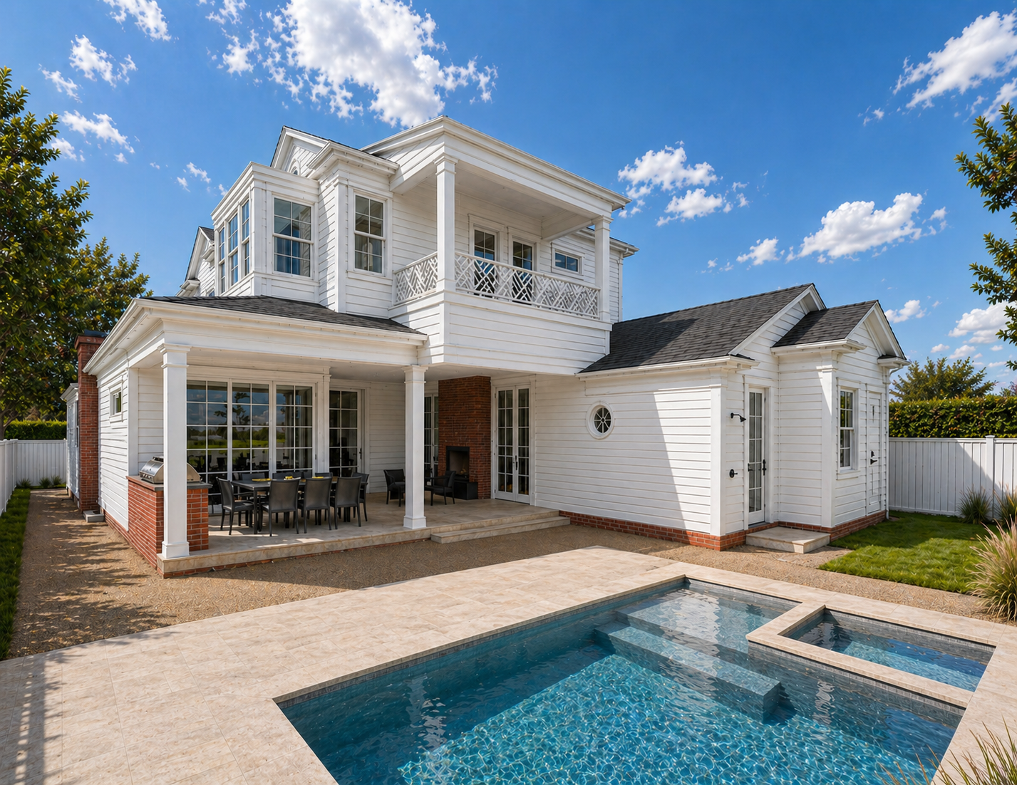 Rear exterior and pool rendering of Beverly Way, showing the covered patio and outdoor living areas.