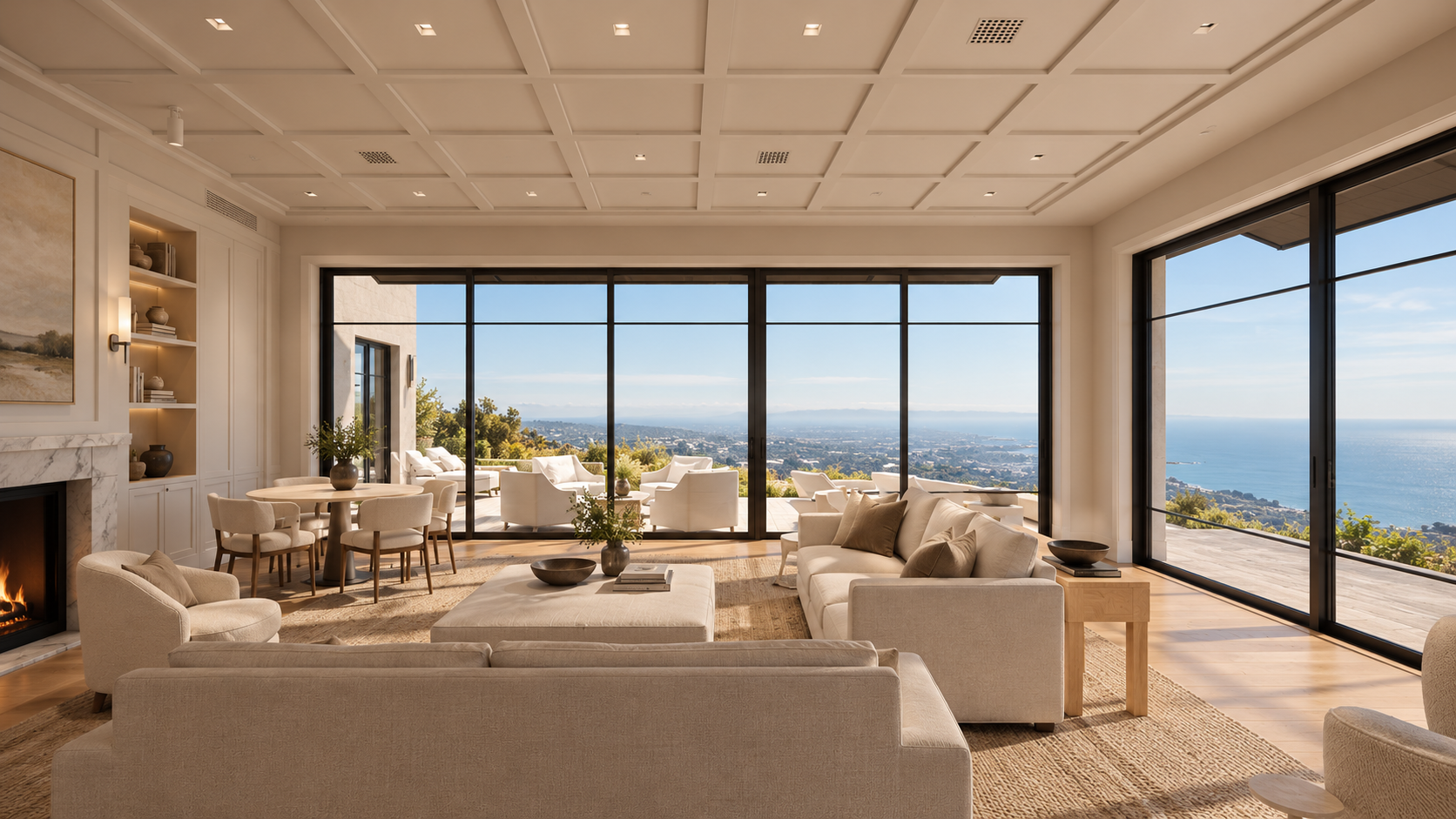 Living room overlooking the Pacific Ocean at Lachman Lane Residence, featuring expansive floor-to-ceiling glazing, a coffered ceiling, and connections between indoor and outdoor living spaces.
