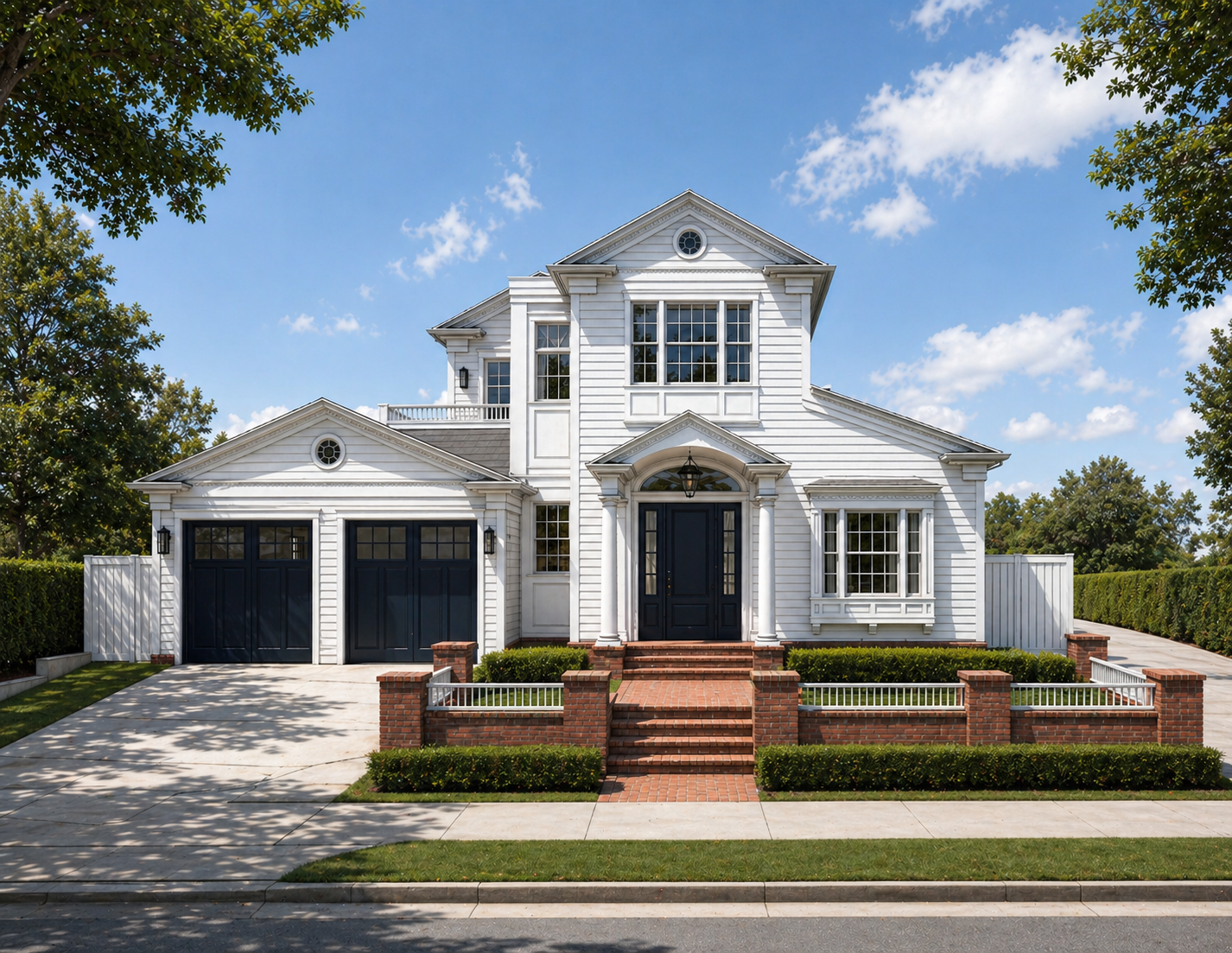 Front exterior rendering of Beverly Way, a Colonial Revival fire rebuild in Altadena, California.