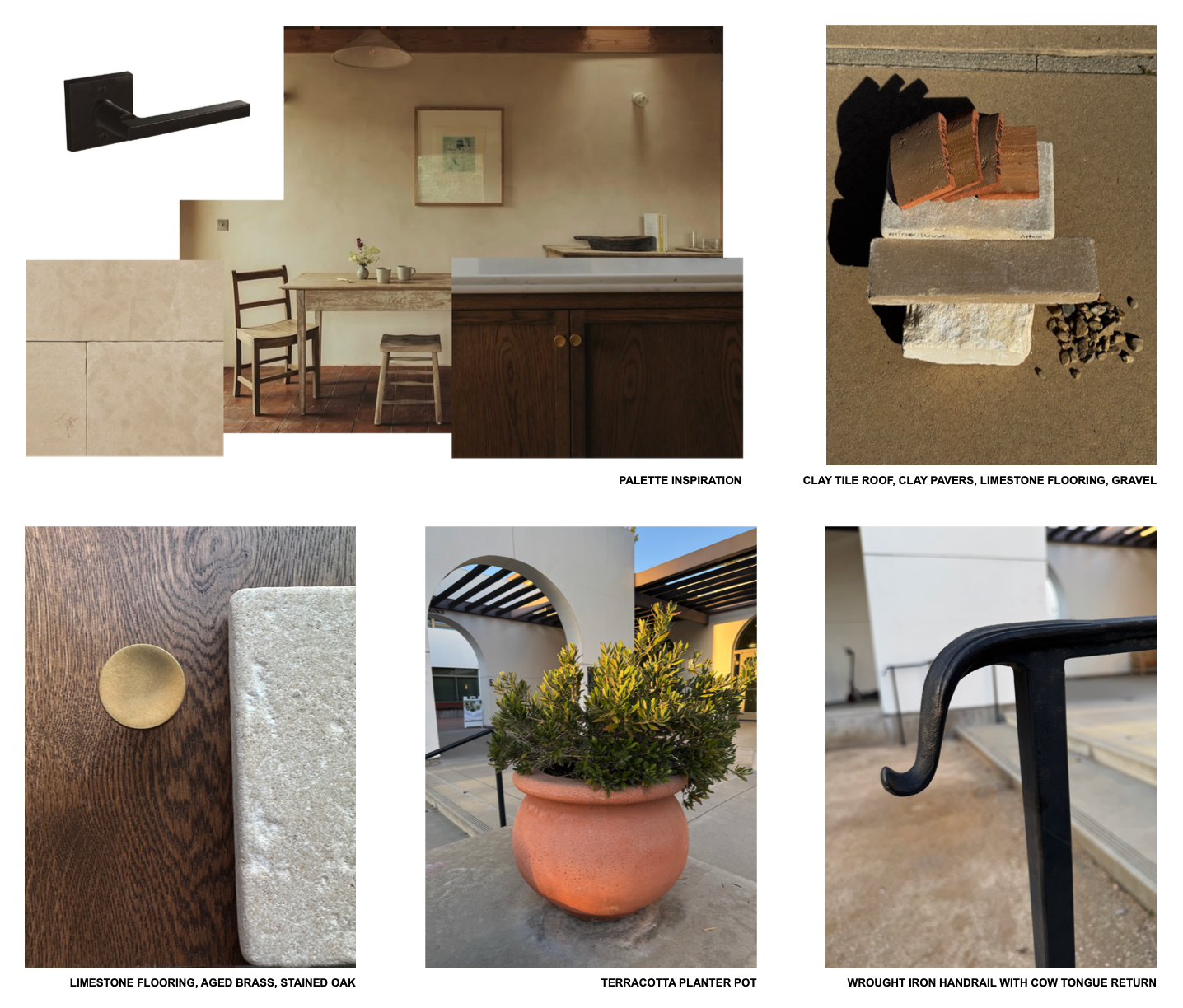 Clay tile, limestone, stained oak, aged brass, terracotta and wrought iron.