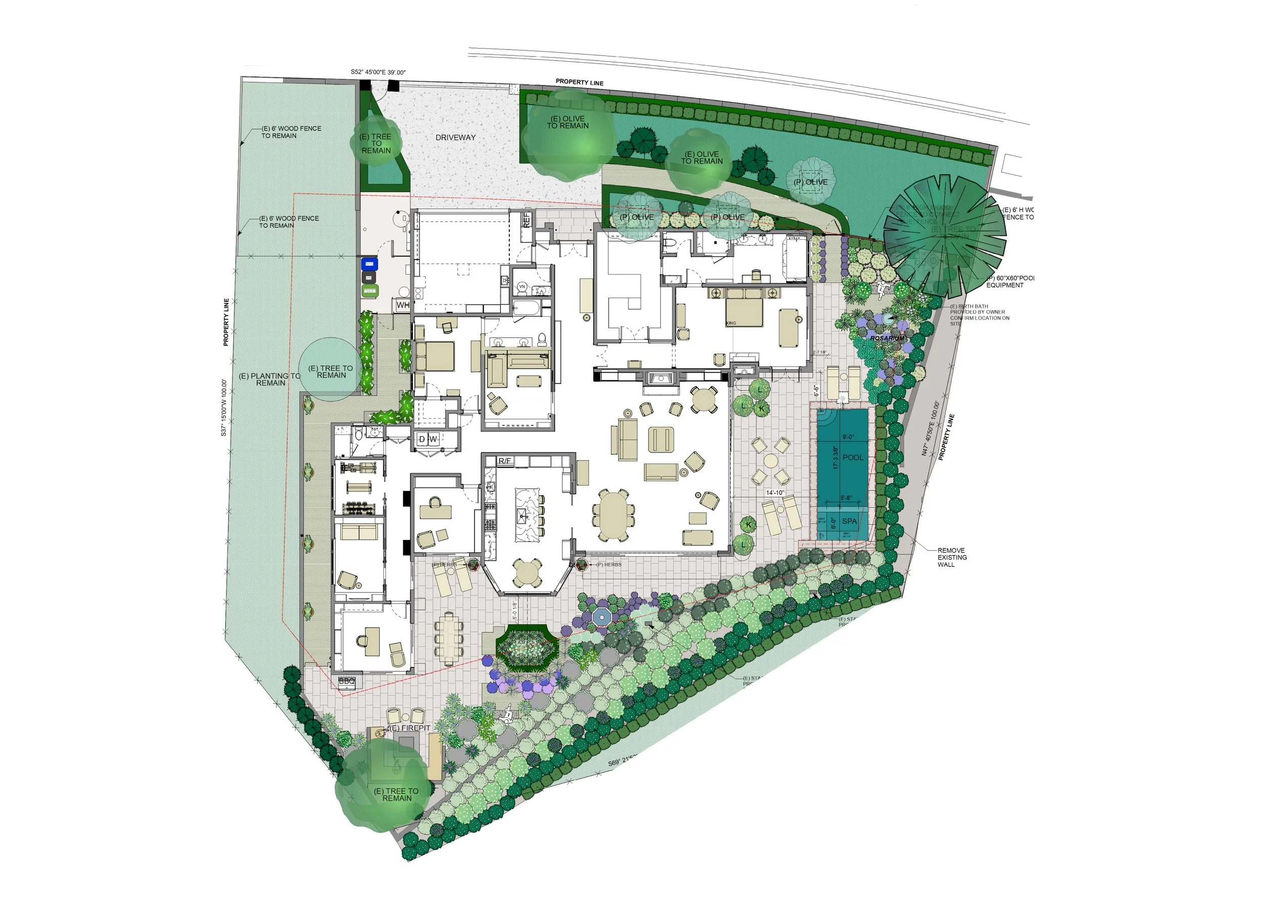 Site and landscape plan of Lachman Lane Residence in Pacific Palisades, showing the home’s layout, swimming pool, outdoor terraces, landscaped gardens, and existing trees.