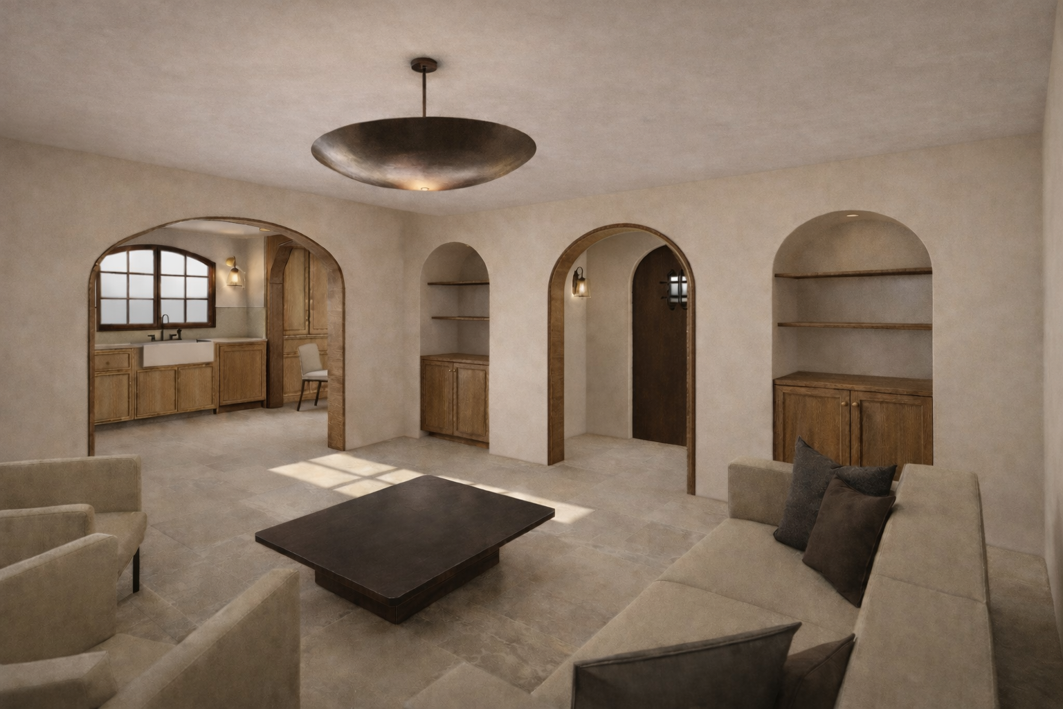 Living room with arched openings, built in shelving and a restrained natural material palette.