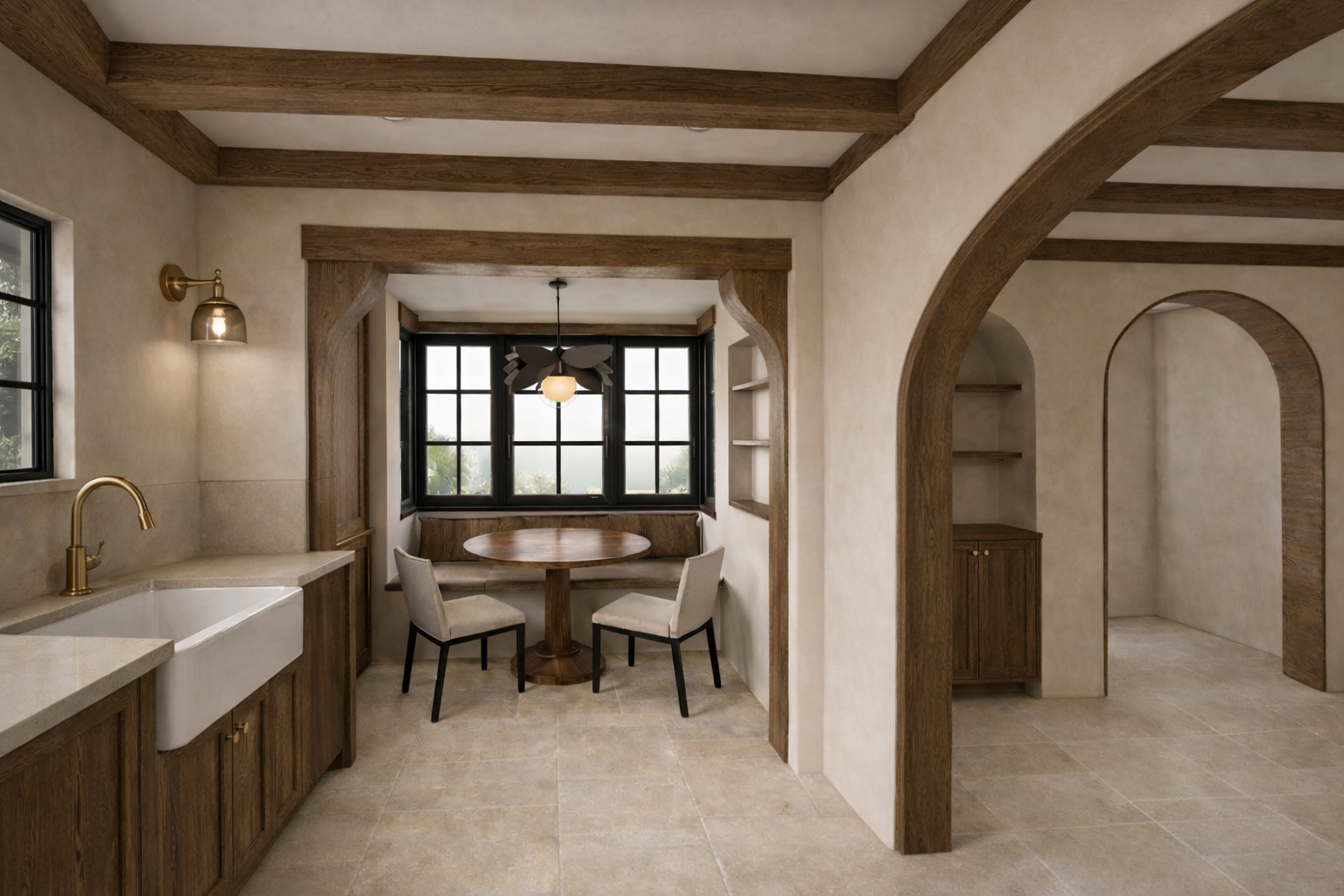 Kitchen and dining nook with limestone flooring, stained oak cabinetry and warm plaster walls.