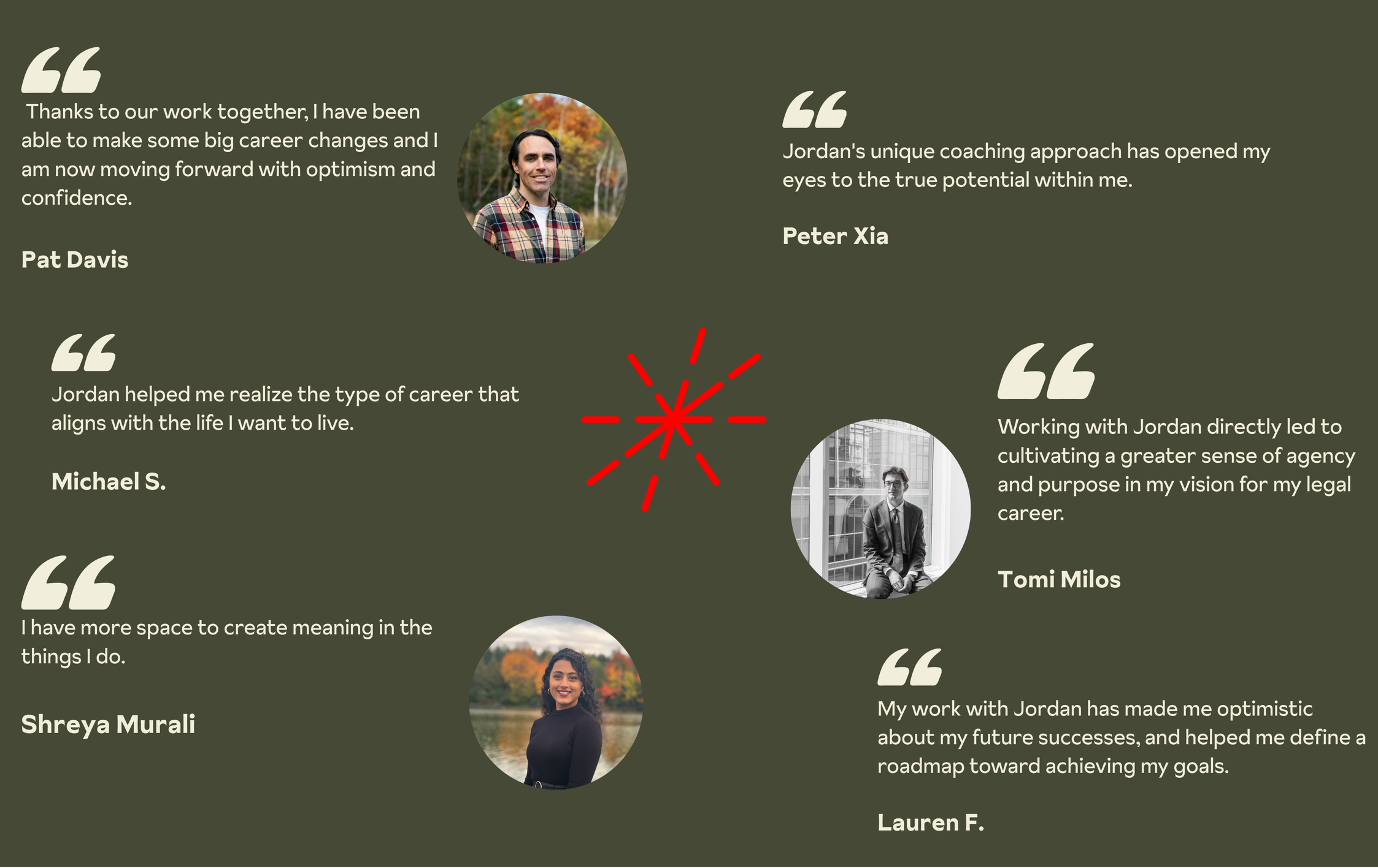 Quotes from individuals on their coaching experience with Jordan, accompanied by their photos: Pat Davis, Peter Xia, Michael S., Tomi Milos, Shreya Murali, and Lauren F. The background is muted green with red graphic accents at the center.