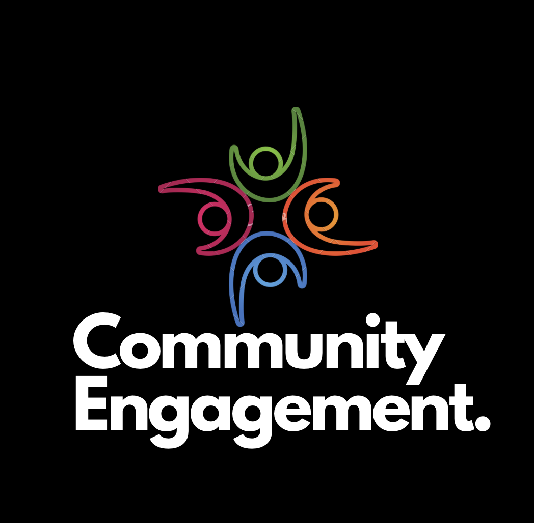 Colored neon line drawing of four abstract human figures forming a circle above the words 'Community Engagement' in bold white text on a black background.