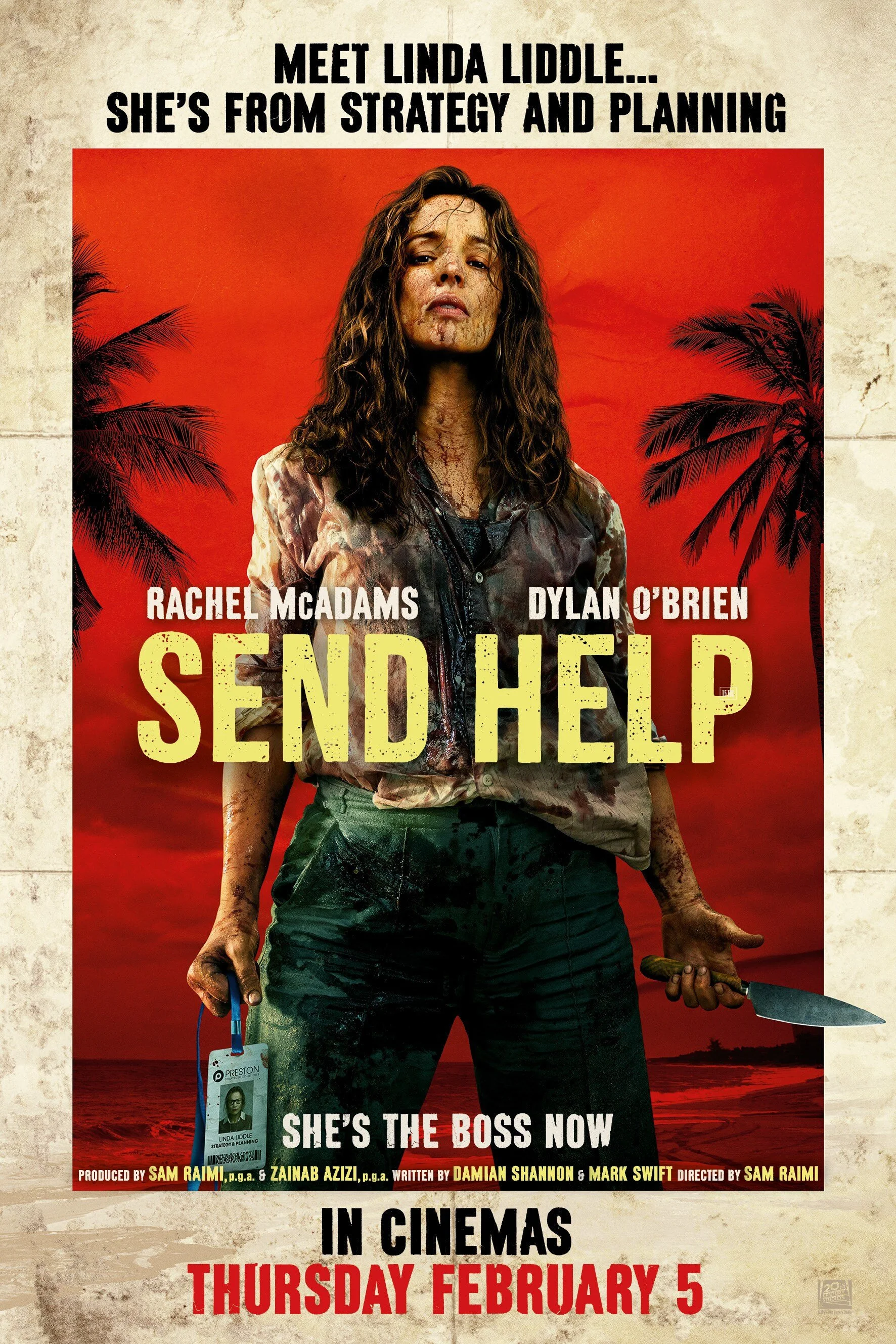 A movie poster for 'Send Help' featuring a woman with messy hair, dirt on her face and clothes, holding a knife in one hand and a hospital ID badge in the other, with palm trees and a sunset background.