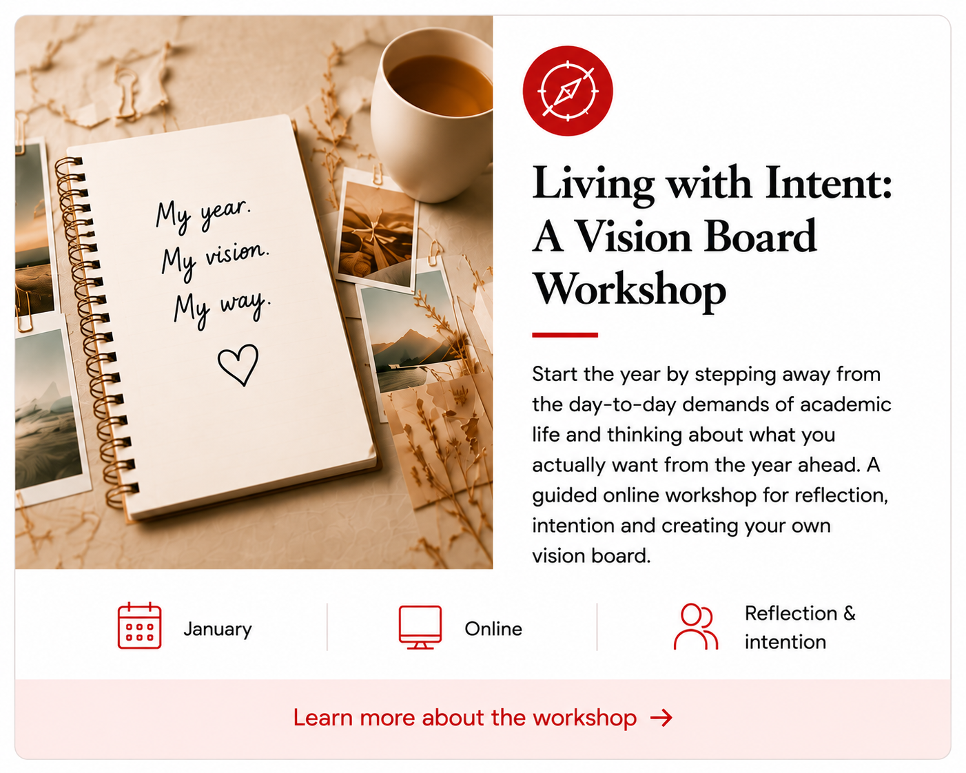 Living with Intent, an online January vision board workshop for academics focused on reflection, intention and planning for the year ahead.