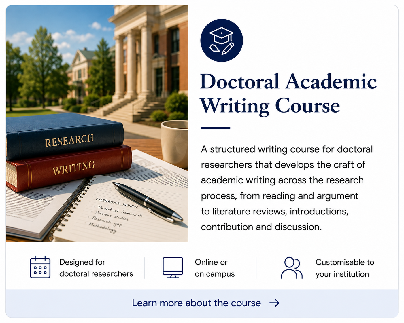 Doctoral Academic Writing Course for doctoral researchers, covering argument, literature reviews, introductions, contribution and discussion.