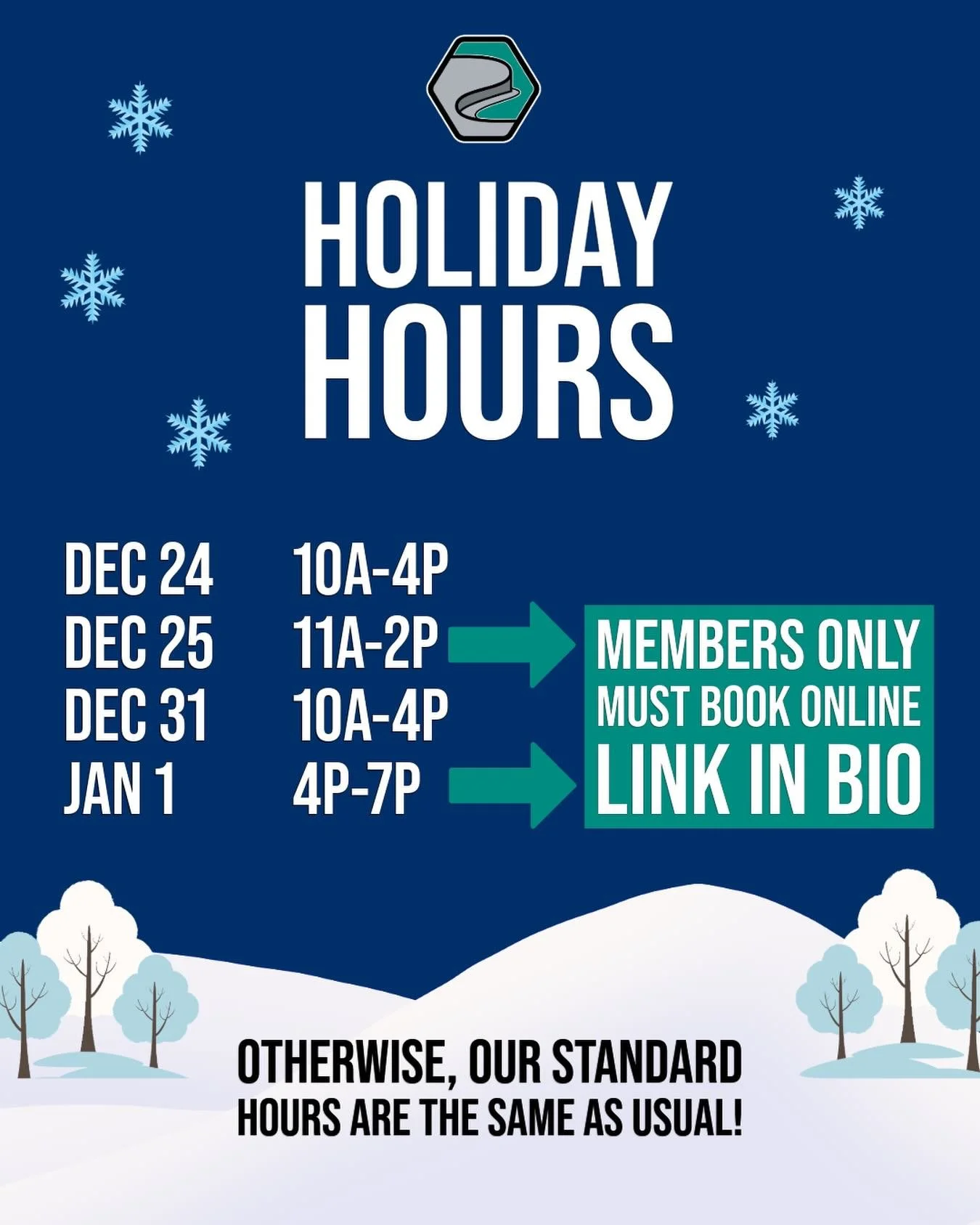 Happy holidays! 
Our hours are staying largely the same during the holiday season, with the following exceptions:
1️⃣ modified hours on Dec 24 and 31
2️⃣ MEMBERS-ONLY sessions on Dec 25 and Jan 1. These sessions need to booked online (link in bio)!