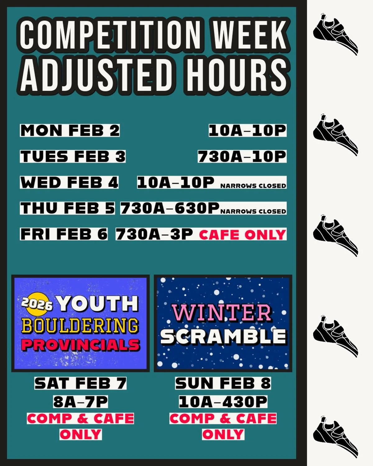Things are different next week! Take note of our adjusted hours for the week of our double competitions! There are some reduced hours, and some cafe only hours!
.
We have also bumped the capacity on the scramble timeslots, so there are just a few spa