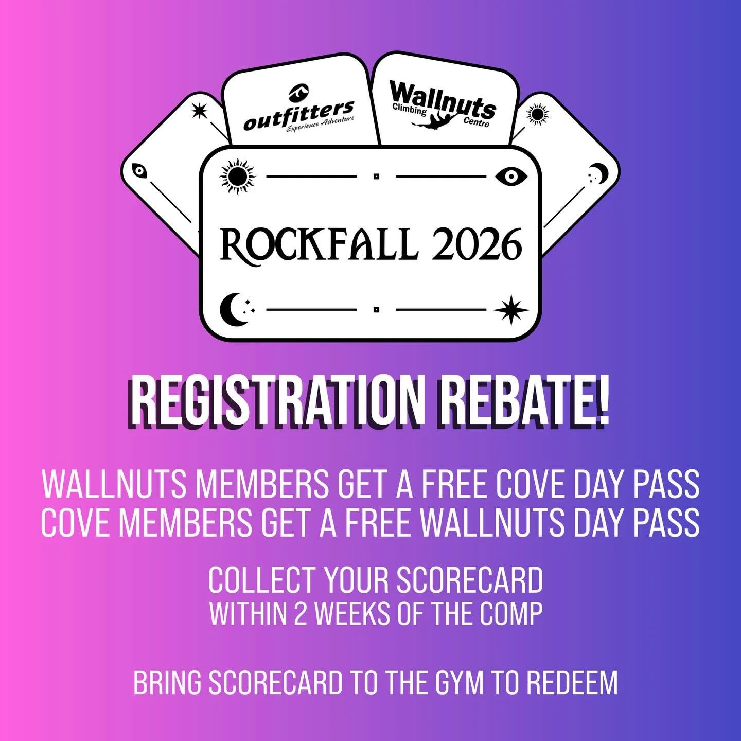 The Cove and Wallnuts are doing a Rockfall registration rebate! 
.
Cove members get a free Wallnuts day pass, Wallnuts members get a free Cove day pass, and those who are not members at either can redeem a day pass at either.
Collect your scorecard w