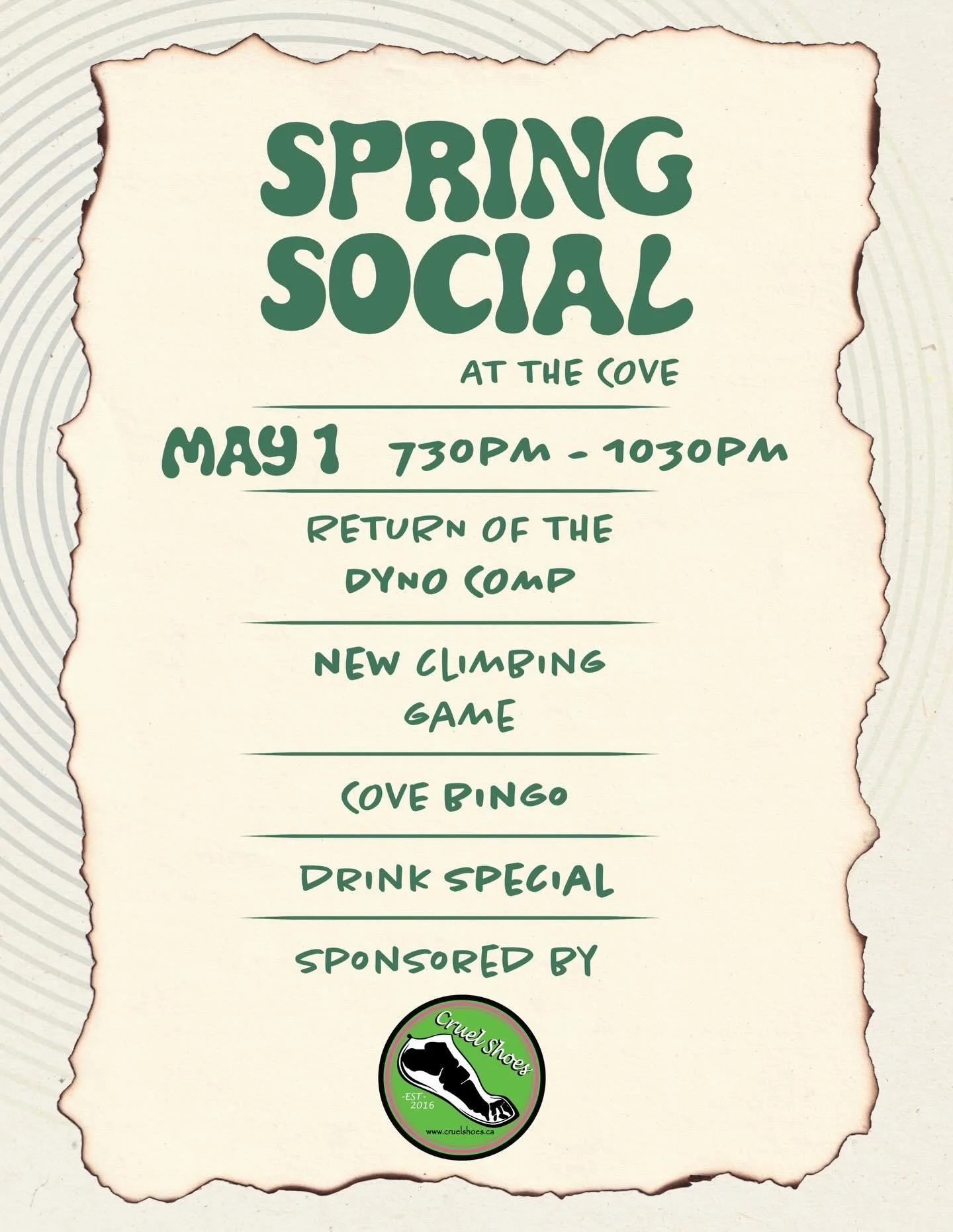 Spring social is coming this Friday! In addition to hanging out with people from the coolest community around, you can also look forward to:
➡️ The return of the DYNO COMP!
➡️ Cove Bingo! (Details TBA)
➡️ A new on-the-wall climbing game! (Details TBA