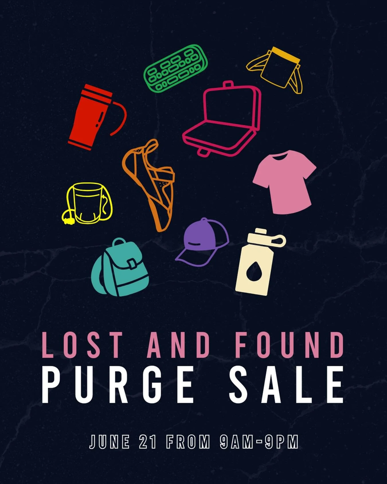 It&rsquo;s that time again! On June 21st, we are PURGING the long lost items in our lost and found bins. 
.
Fancy water bottles, insulated mugs, climbing shoes, chalk bags, chalk, liquid chalk, sweaters, shorts, pants, jackets, computers, motorcycles