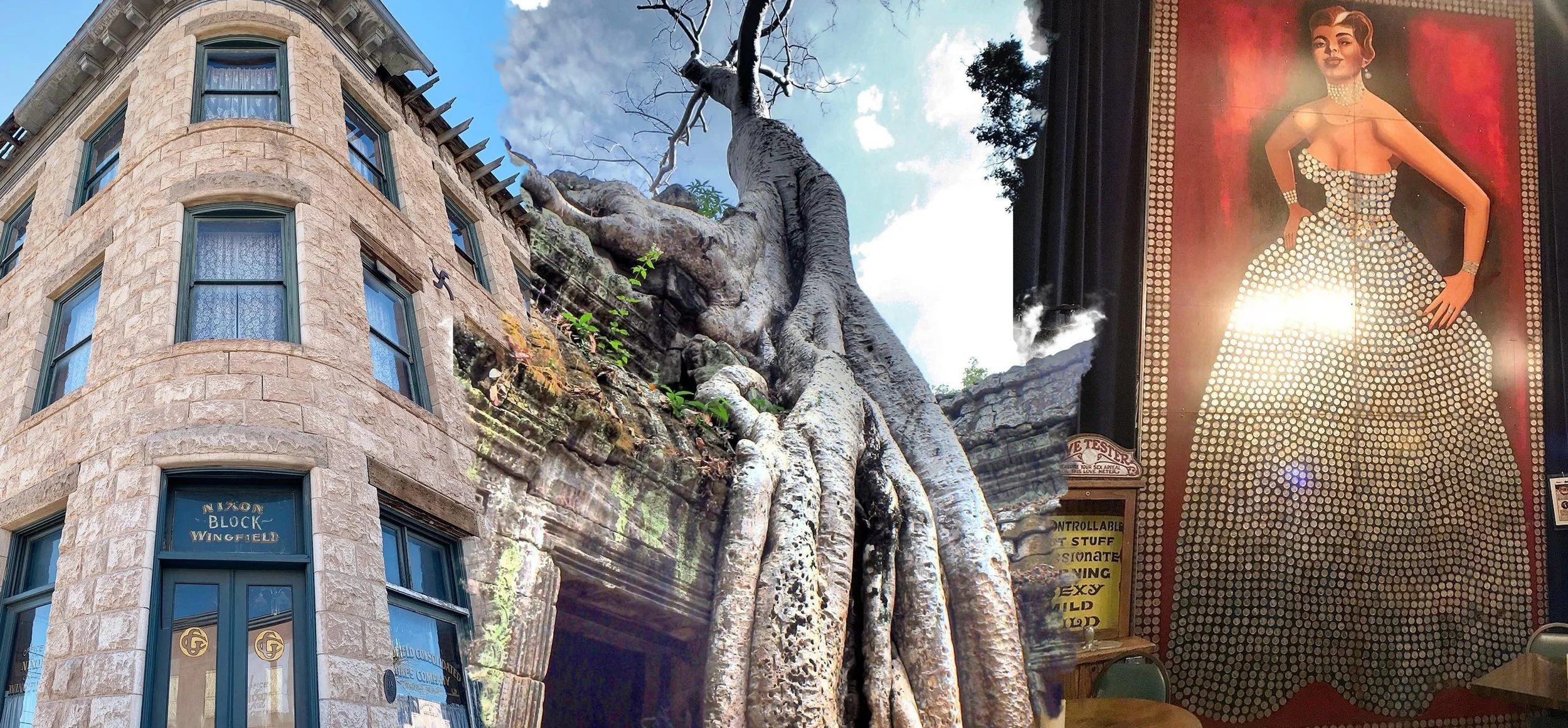 A collage of three scenes: a stone building corner with windows and blue accents, a large tree with sprawling roots and a cloudy sky, and a vintage poster of a woman in a polka dot dress with a red background inside a room.