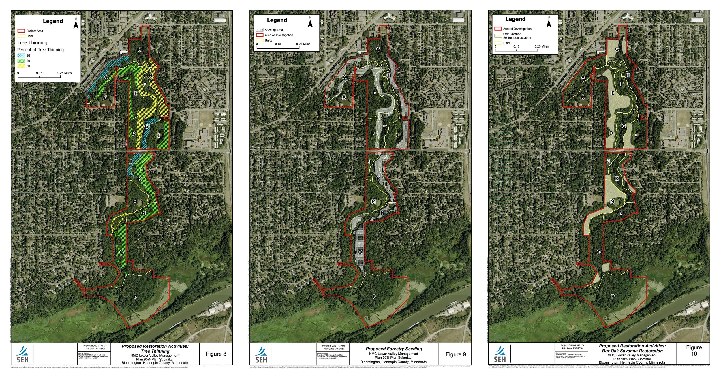 Three maps showing tree thinning, seeding, and oak savanna restoration objectives.