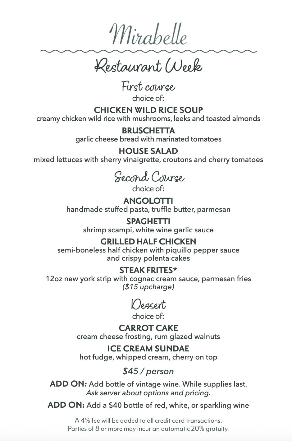 Mirabelle Restaurant Week offerings