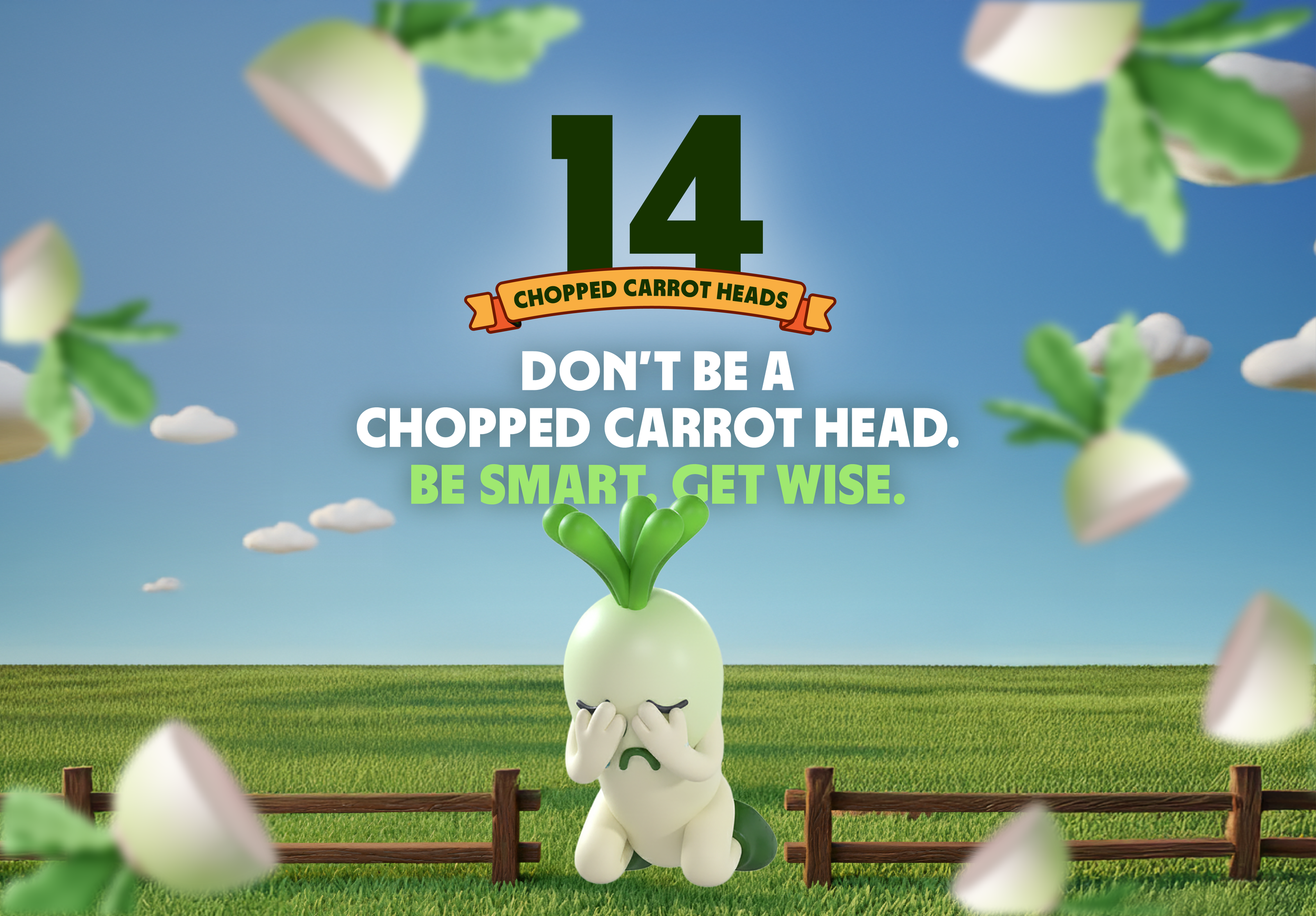 Cartoon bunny with a chubby white body, green tail, and green ear tips, standing in a green field with a wooden fence, surrounded by floating carrot heads with leaves and clouds in the sky, holding its eyes shut.