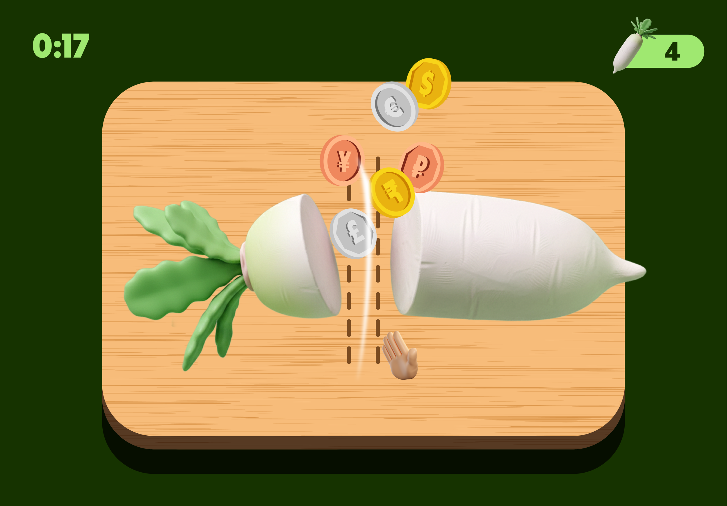 Illustration of a turnip with dollar, euro, yen, and peso coins, a green leafy vegetable, and a hand holding the turnip on a wooden surface.