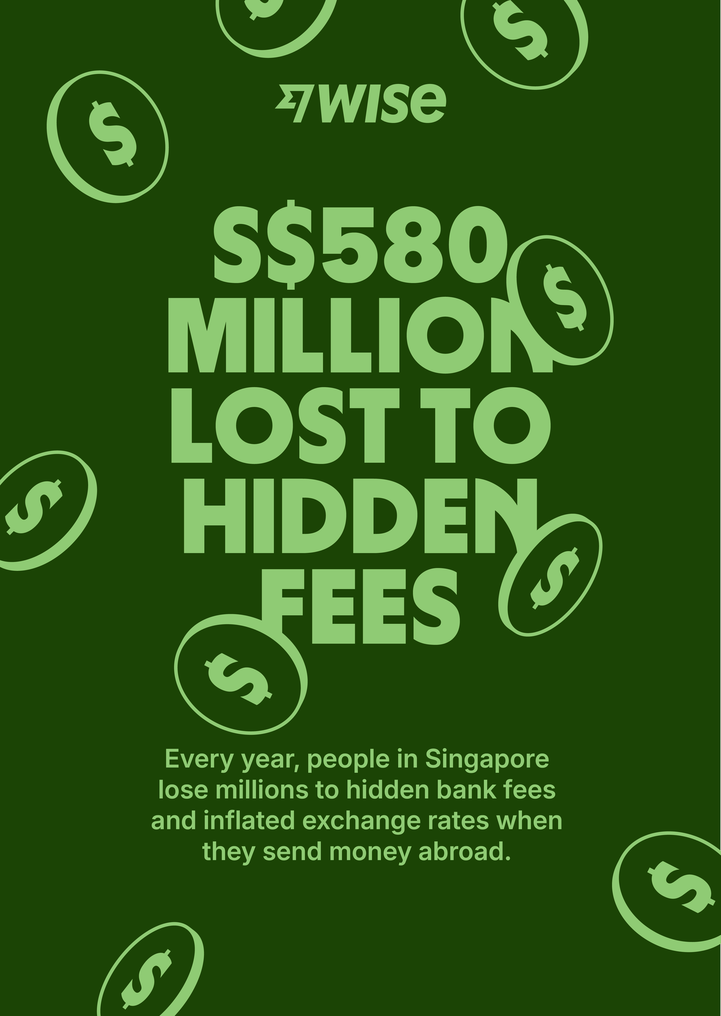 Green background with white text that says '$580 million lost to hidden fees'. Several dollar sign symbols are scattered around the image.