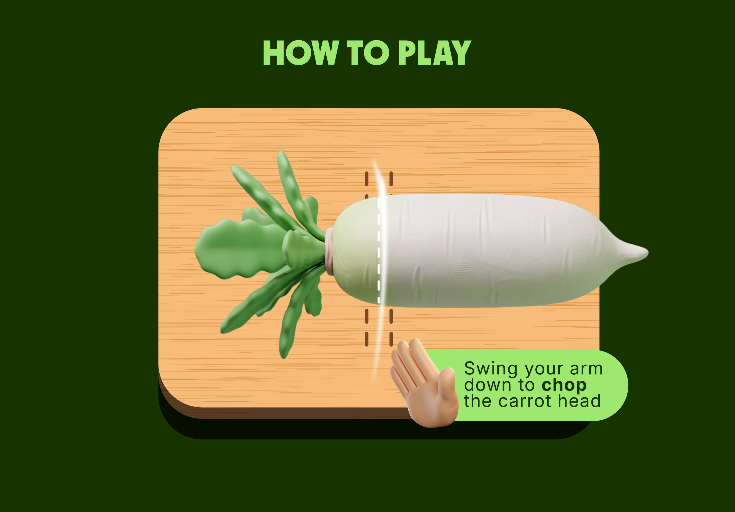 Step-by-step instructions for chopping a carrot, showing a hand swinging an arm down to chop the carrot's head on a wooden cutting board.