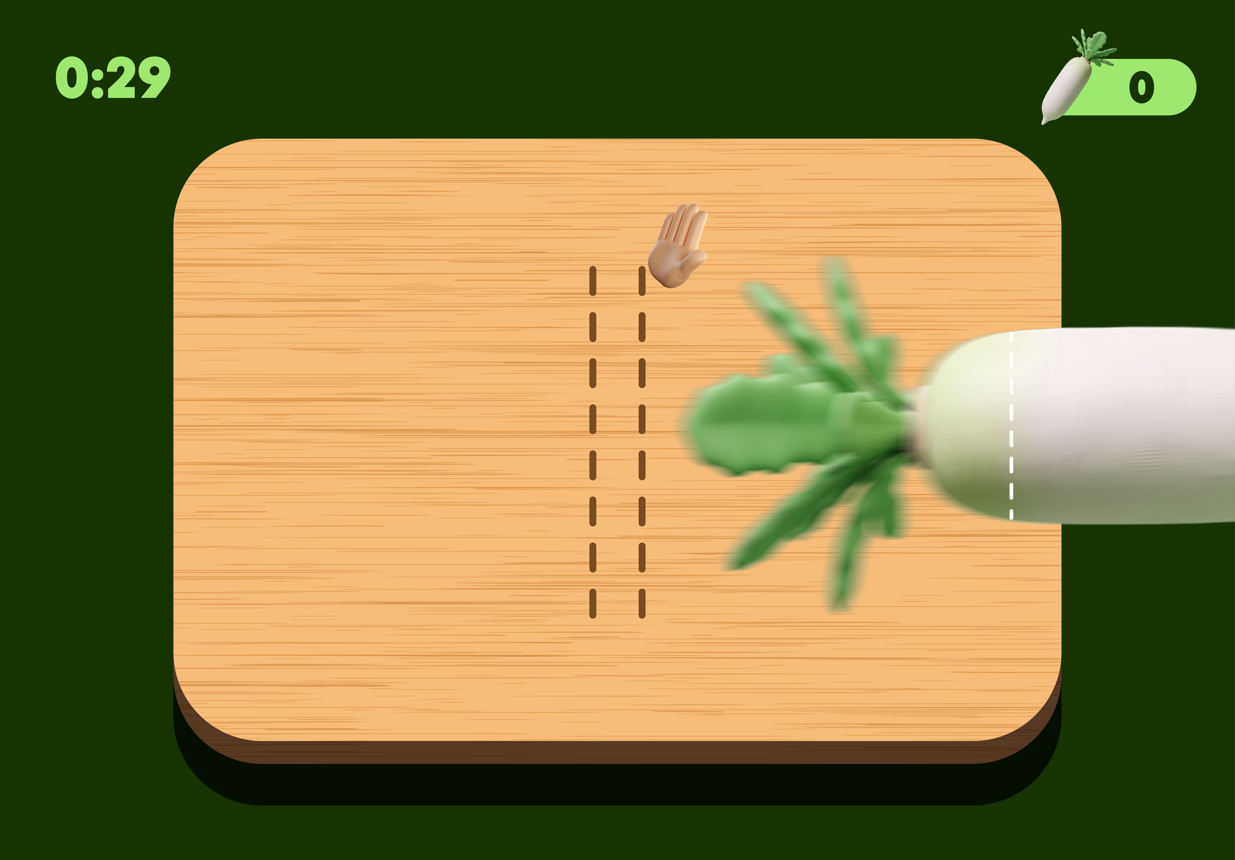 A digital game interface with a cartoon carrot character and a hand emoji, set against a green background, with a timer showing 0:29 and a score of 0.