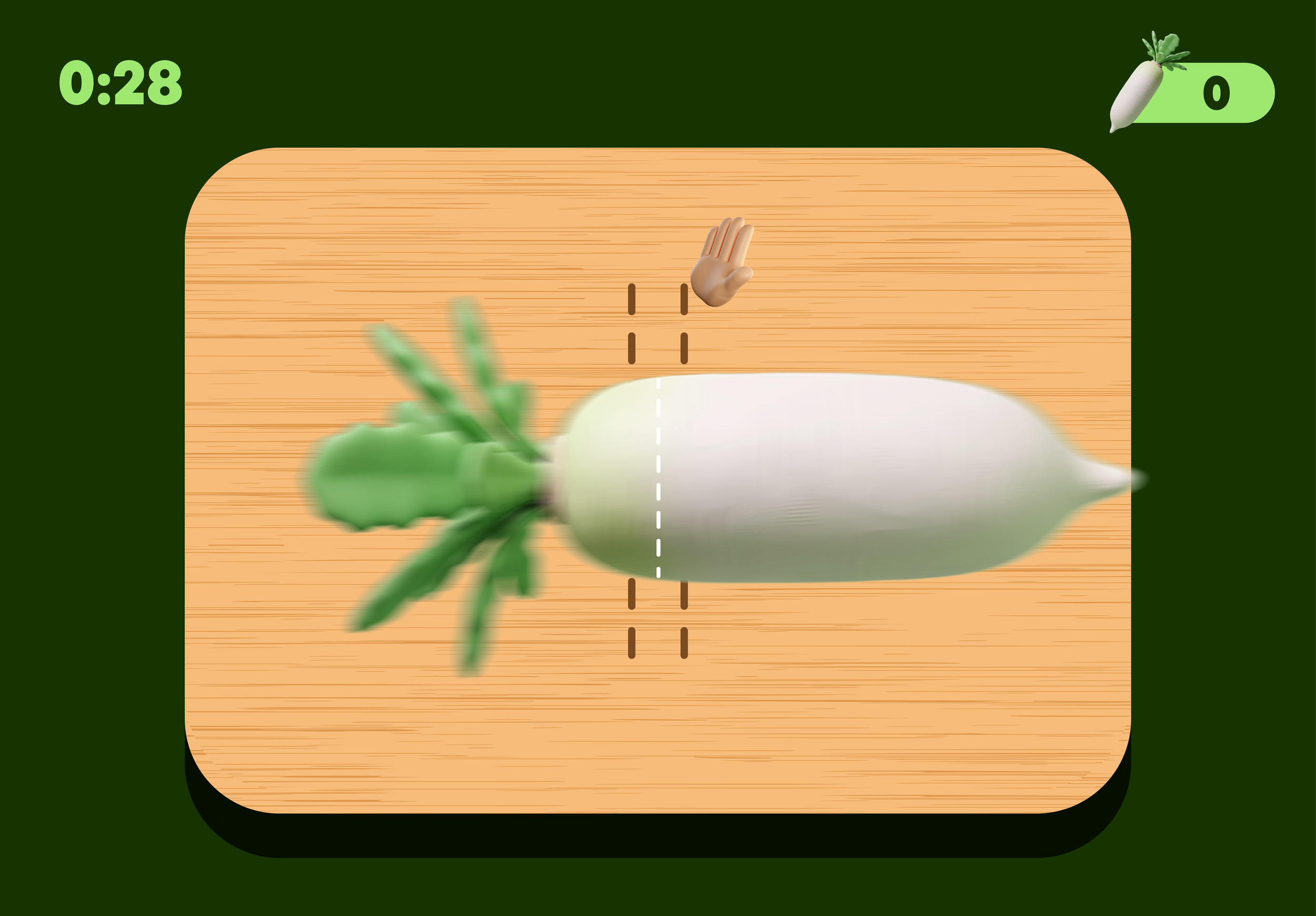 A digital game screen showing a cartoon carrot approaching a white vegetable on a wooden surface, with a green background and a timer at 0:28.